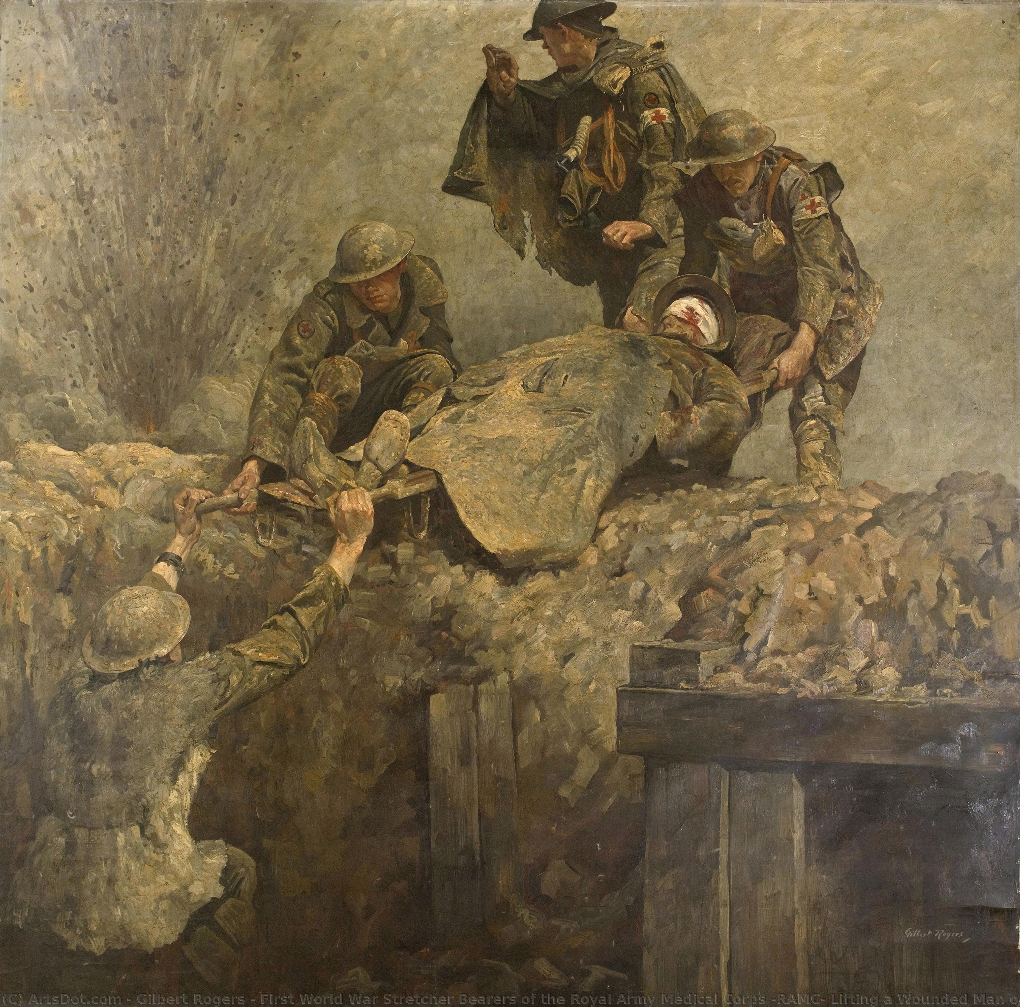 Buy Museum Art Reproductions First World War Stretcher Bearers of the Royal Army Medical Corps (RAMC) Lifting a Wounded Man out of a Trench, 1919 by Gilbert Rogers (Inspired By) (1881-1956) | ArtsDot.com