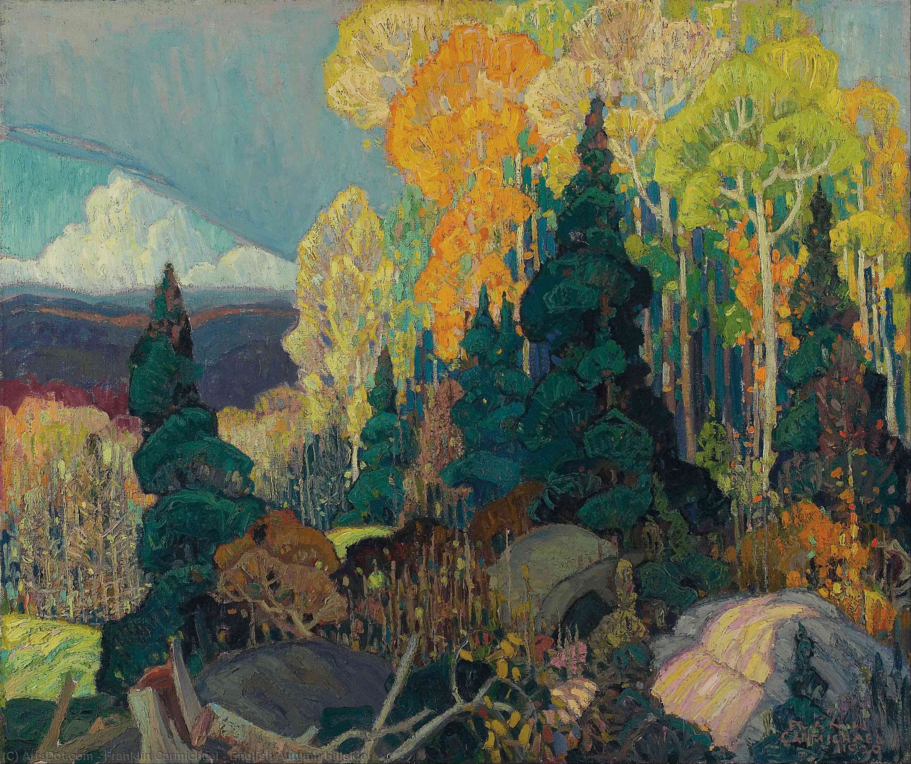 顺序 手工油畫 英语 Autumn Hillside。, 1920 通过 Franklin Carmichael (1890-1945, Canada) | ArtsDot.com