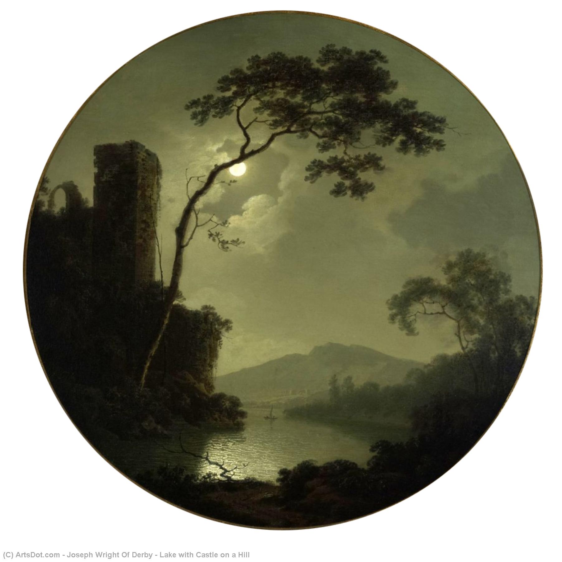 Order Paintings Reproductions Lake with Castle on a Hill, 1787 by Joseph Wright Of Derby (1734-1797, United Kingdom) | ArtsDot.com