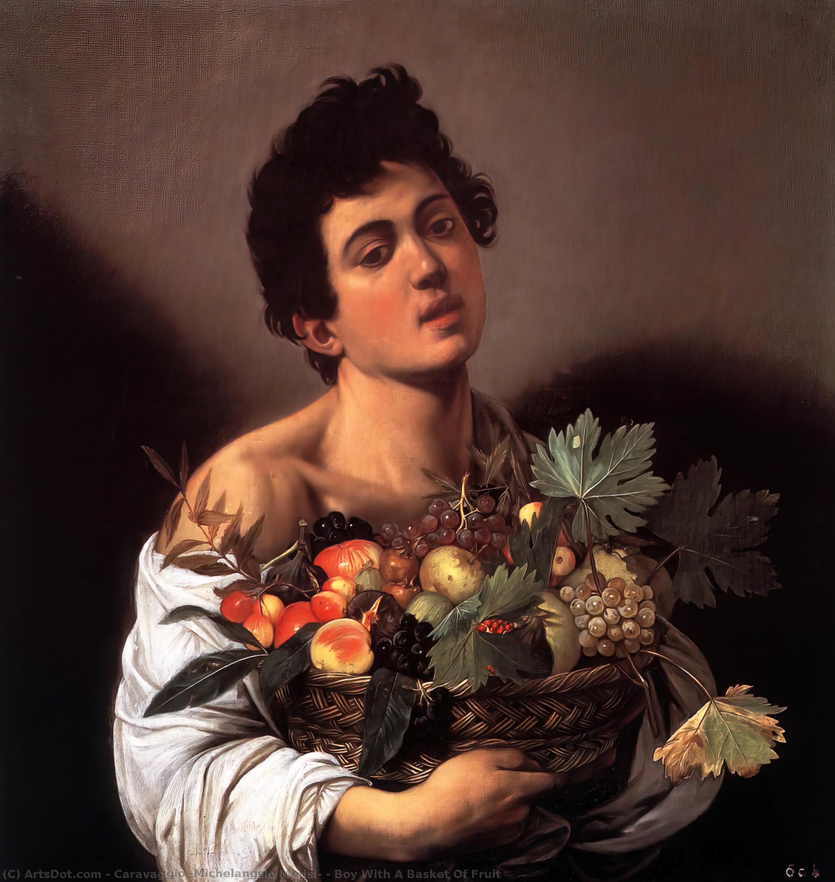 Order Art Reproductions Boy With A Basket Of Fruit by Caravaggio (Michelangelo Merisi) (1571-1610, Spain) | ArtsDot.com