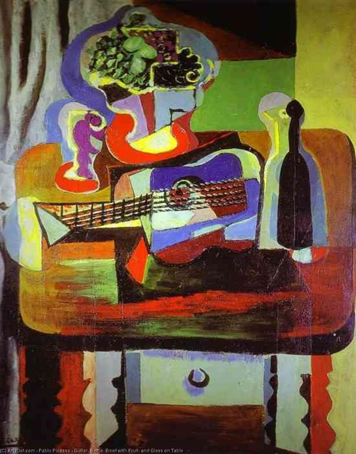 Order Artwork Replica Guitar, Bottle, Bowl with Fruit, and Glass on Table by Pablo Picasso (Inspired By) (1881-1973, Spain) | ArtsDot.com