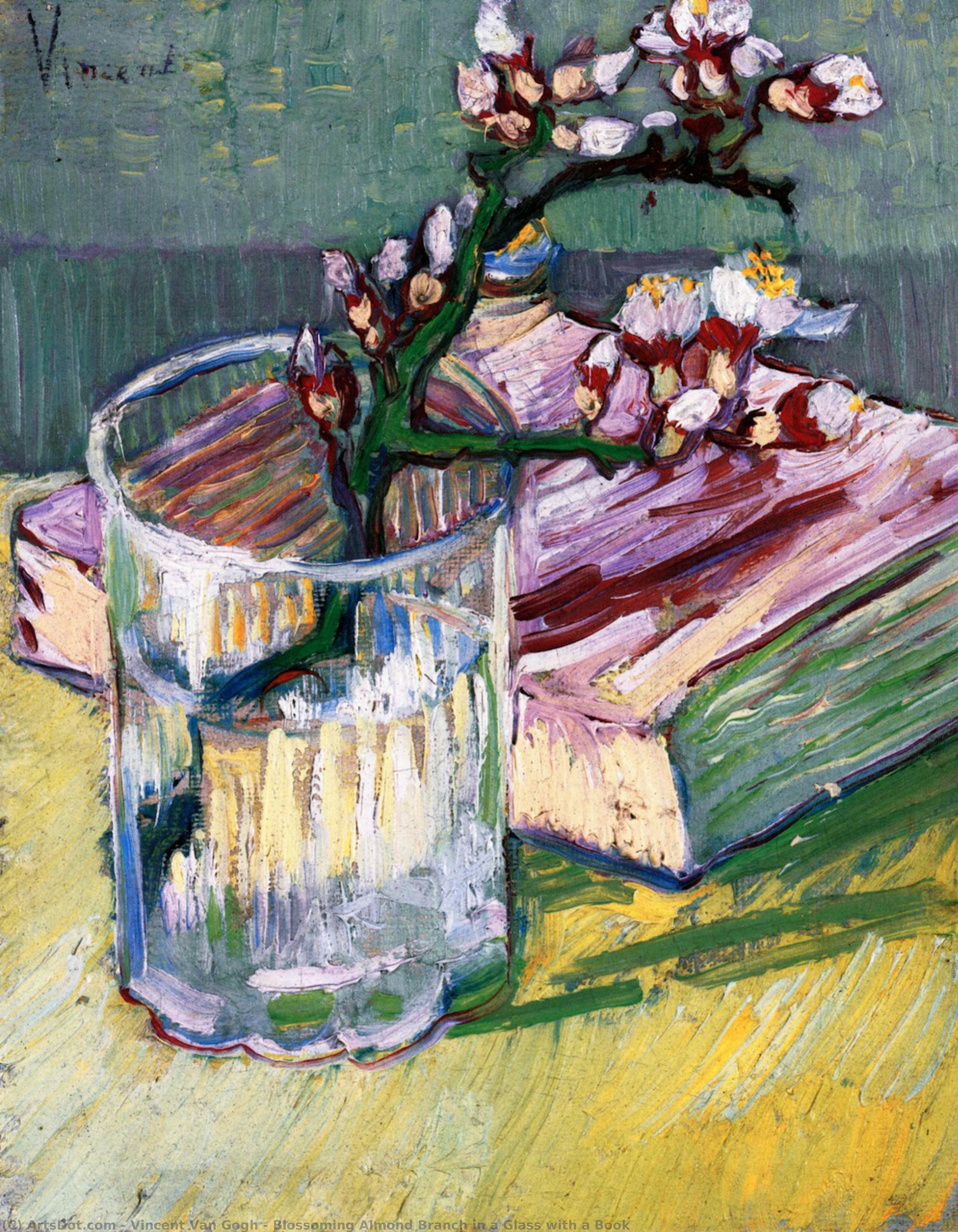 Order Oil Painting Replica Blossoming Almond Branch in a Glass with a Book, 1888 by Vincent Van Gogh (1853-1890, Netherlands) | ArtsDot.com
