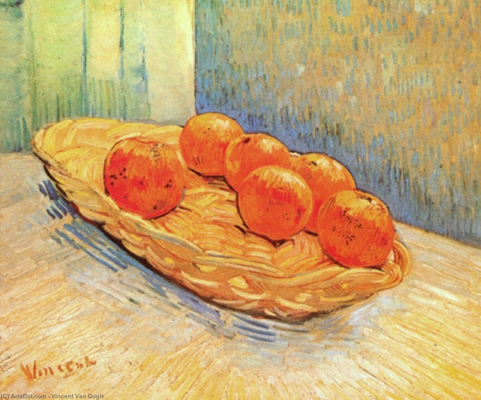Order Oil Painting Replica Still Life with Basket and Six Oranges, 1888 by Vincent Van Gogh (1853-1890, Netherlands) | ArtsDot.com
