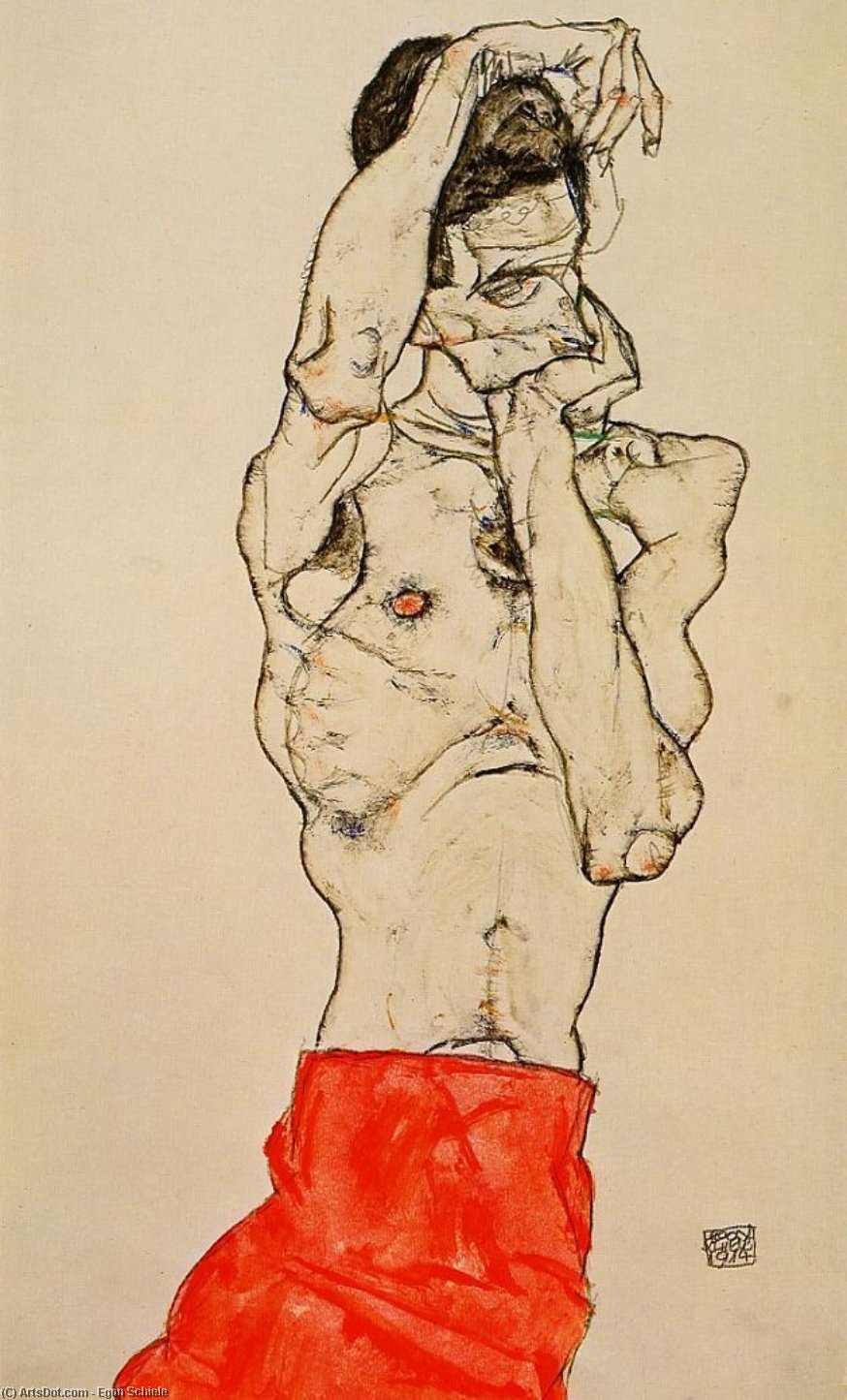 Order Oil Painting Replica Standing Male Nude with a Red Loincloth, 1914 by Egon Schiele (1890-1918, Croatia) | ArtsDot.com