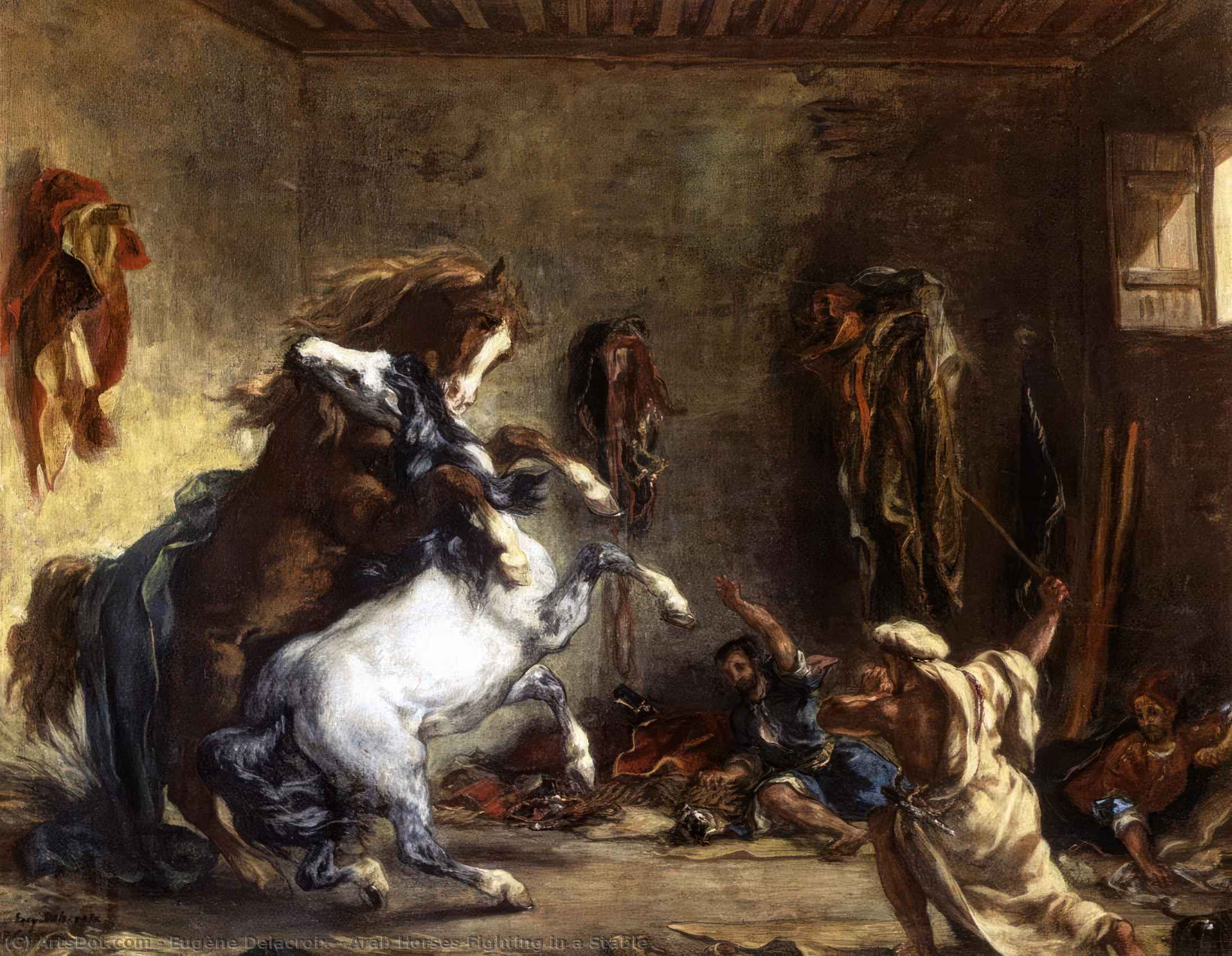 Bestellen Kunstreproduktionen Arabische Pferde kämpfen in einem stabilen, 1860 von Eugène Delacroix (1798-1863, France) | ArtsDot.com