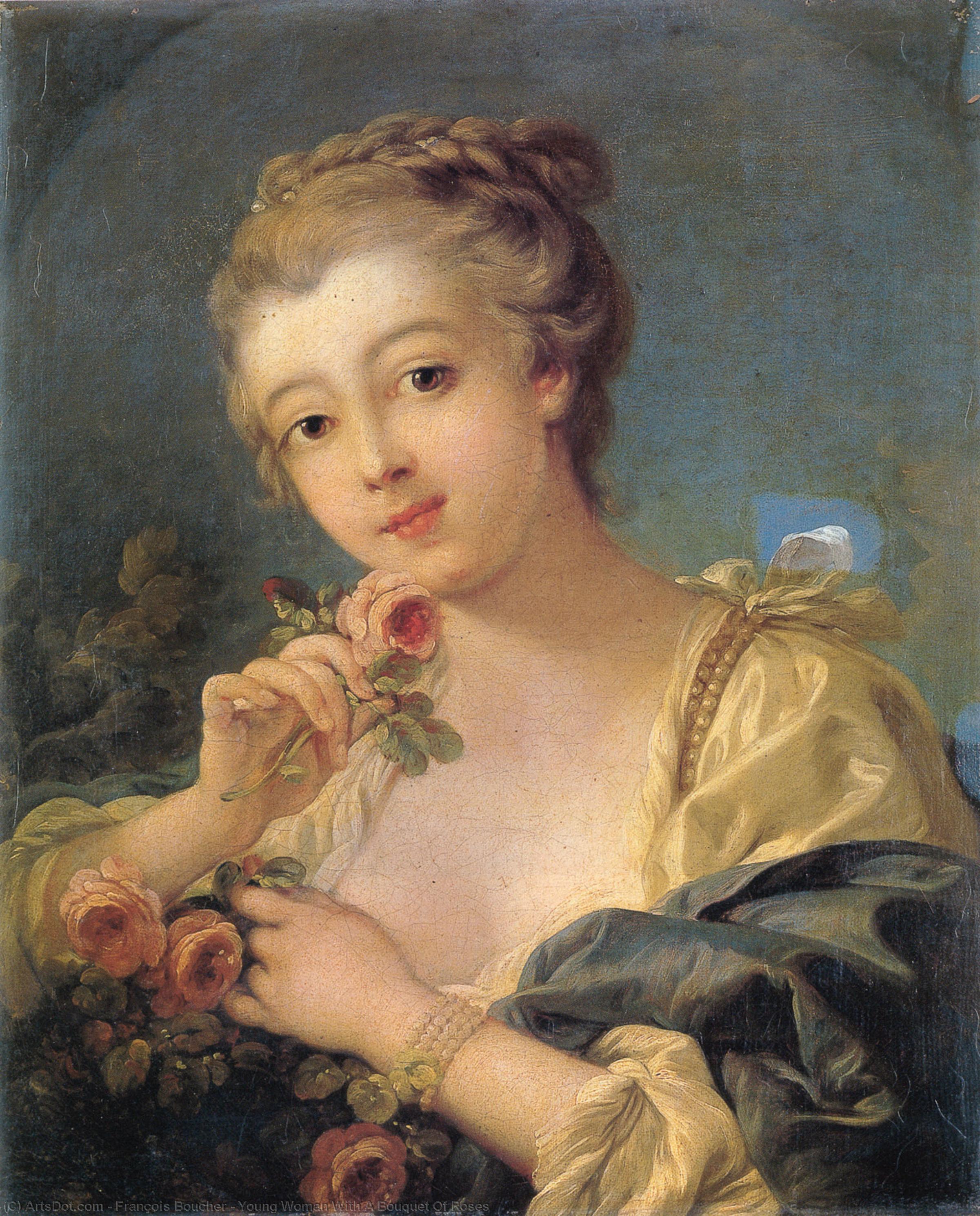 Order Oil Painting Replica Young Woman With A Bouquet Of Roses by François Boucher (1703-1770, France) | ArtsDot.com