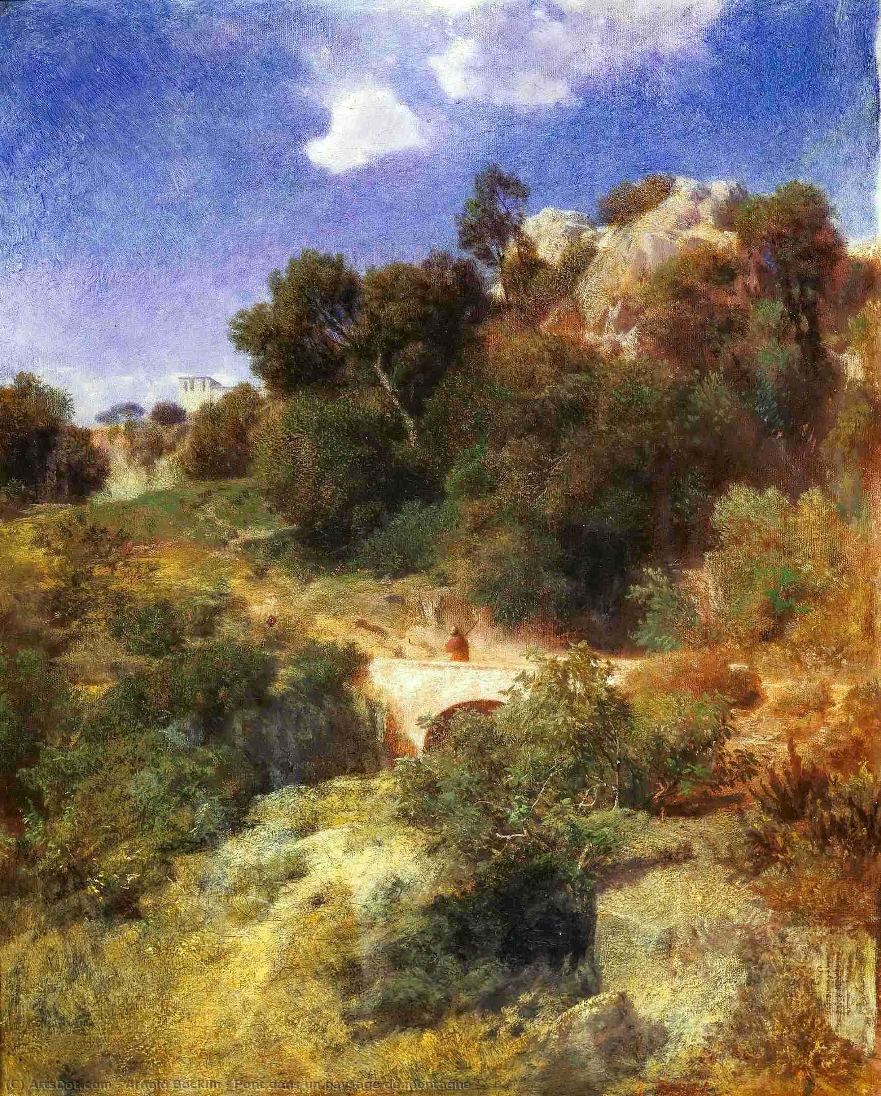 Order Paintings Reproductions Pont dans un paysage de montagne by Arnold Bocklin (1827-1901, Switzerland) | ArtsDot.com