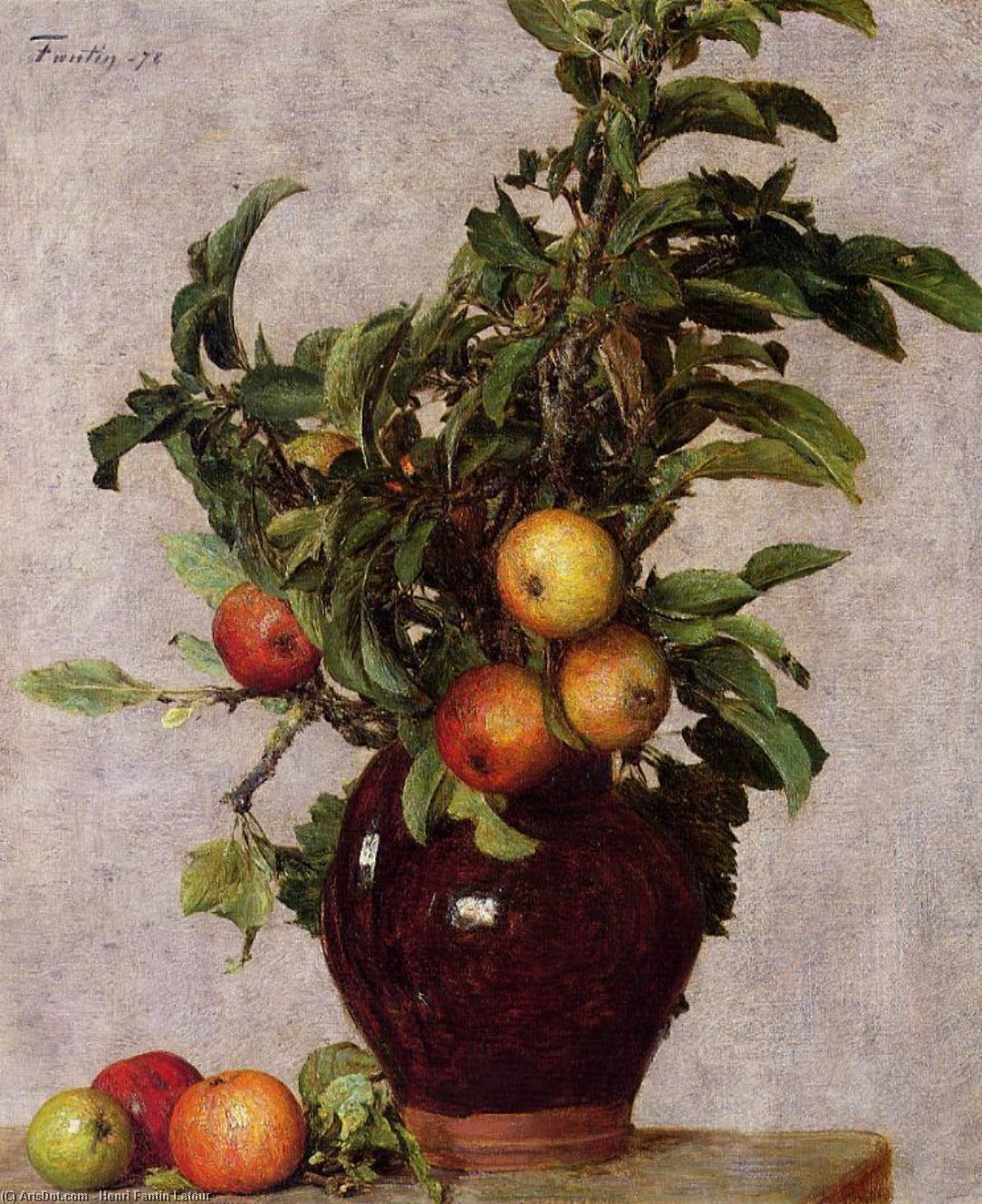 Order Art Reproductions Vase with Apples and Foliage by Henri Fantin Latour (1836-1904, France) | ArtsDot.com