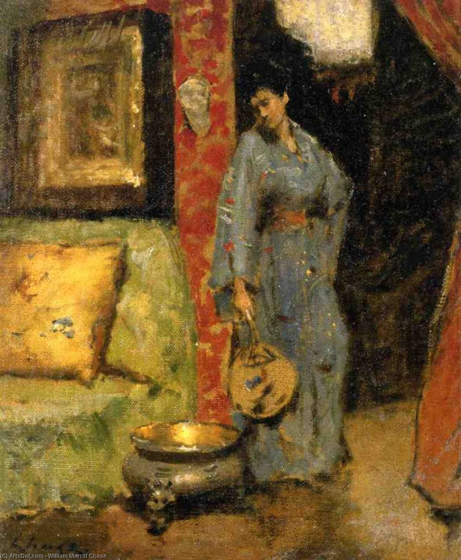Order Oil Painting Replica Woman in Kimono Holding a Japanese Fan by William Merritt Chase (1849-1916, United States) | ArtsDot.com