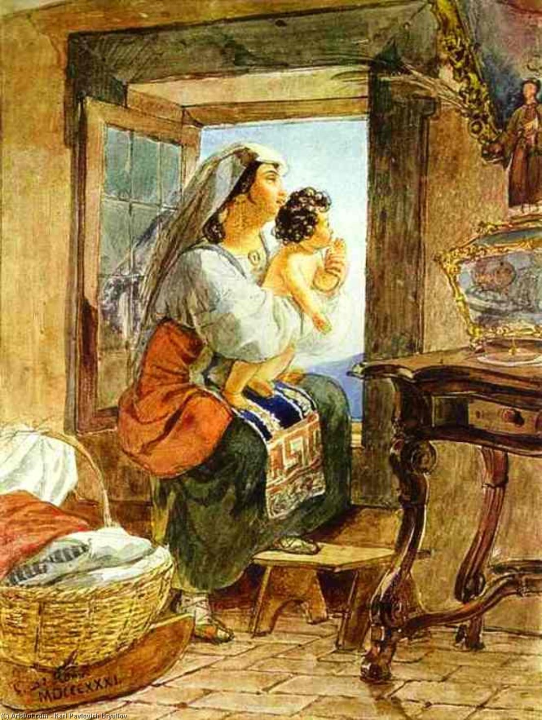 Order Art Reproductions Italian Woman with a Child by a Window by Karl Pavlovich Bryullov (1799-1852, Russia) | ArtsDot.com