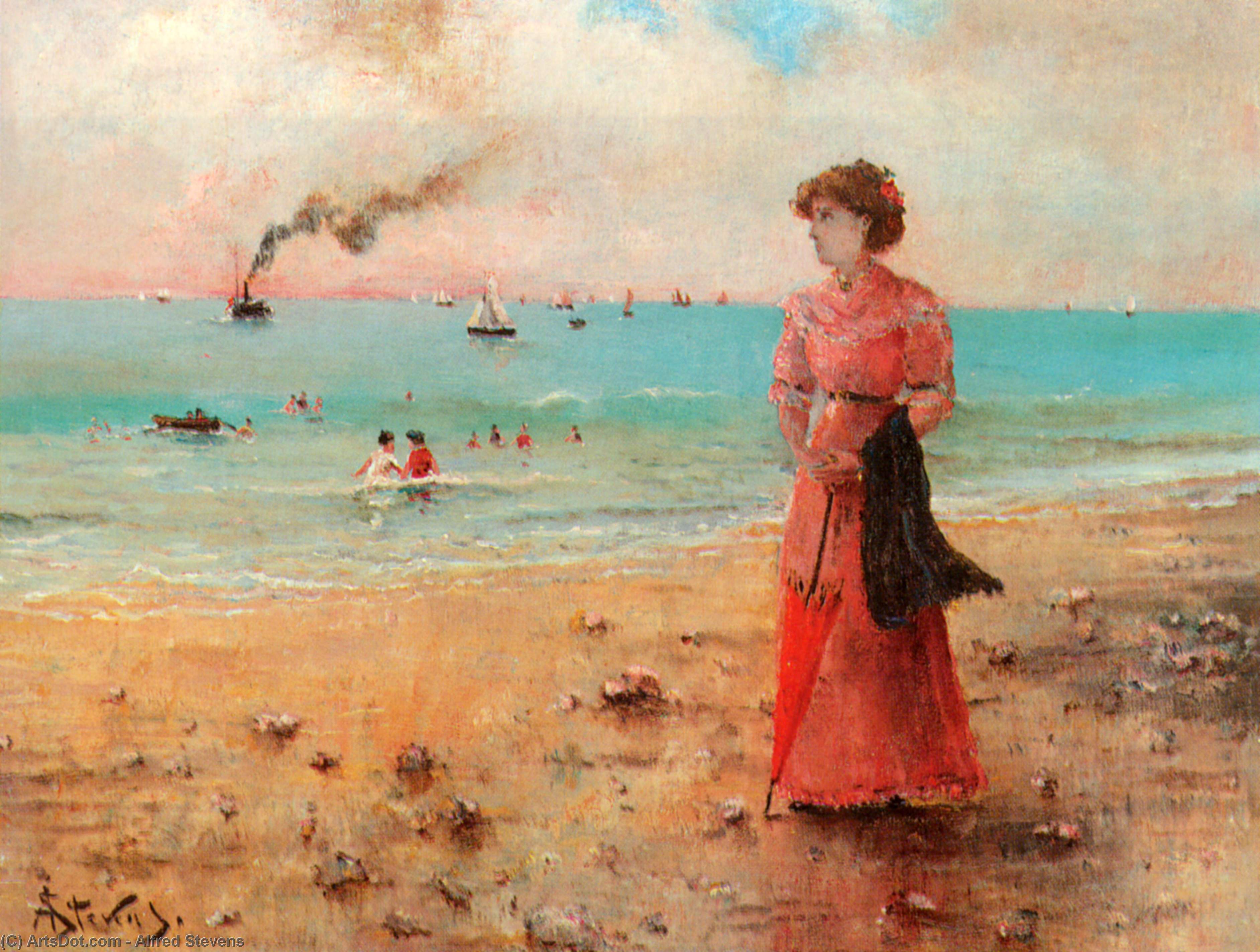 Order Art Reproductions Young woman with red umbrella on the beach by Alfred Stevens (1823-1906, Belgium) | ArtsDot.com