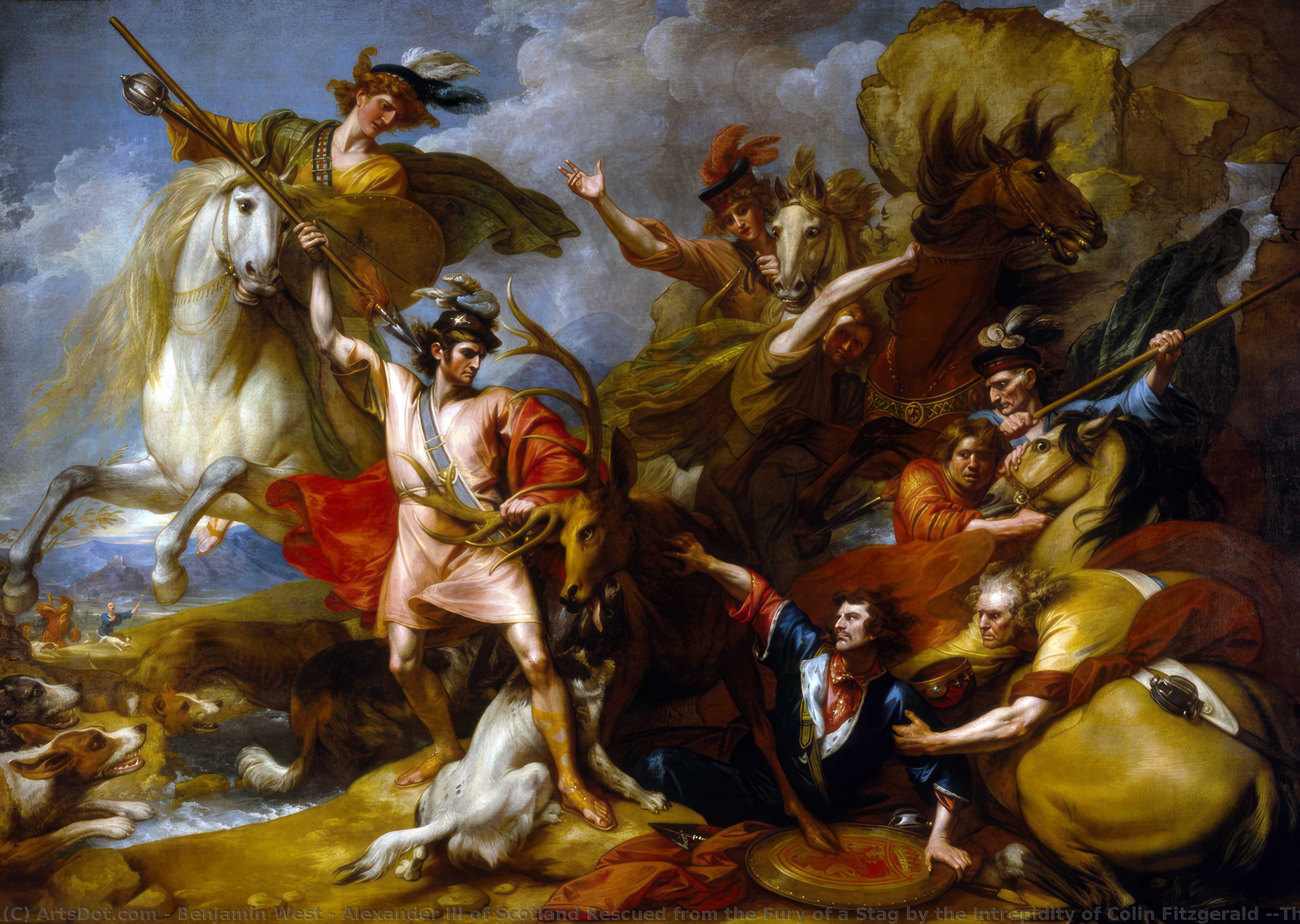 Order Artwork Replica Alexander III of Scotland Rescued from the Fury of a Stag by the Intrepidity of Colin Fitzgerald (`The Death of the Stag`), 1786 by Benjamin West (1738-1820, United States) | ArtsDot.com