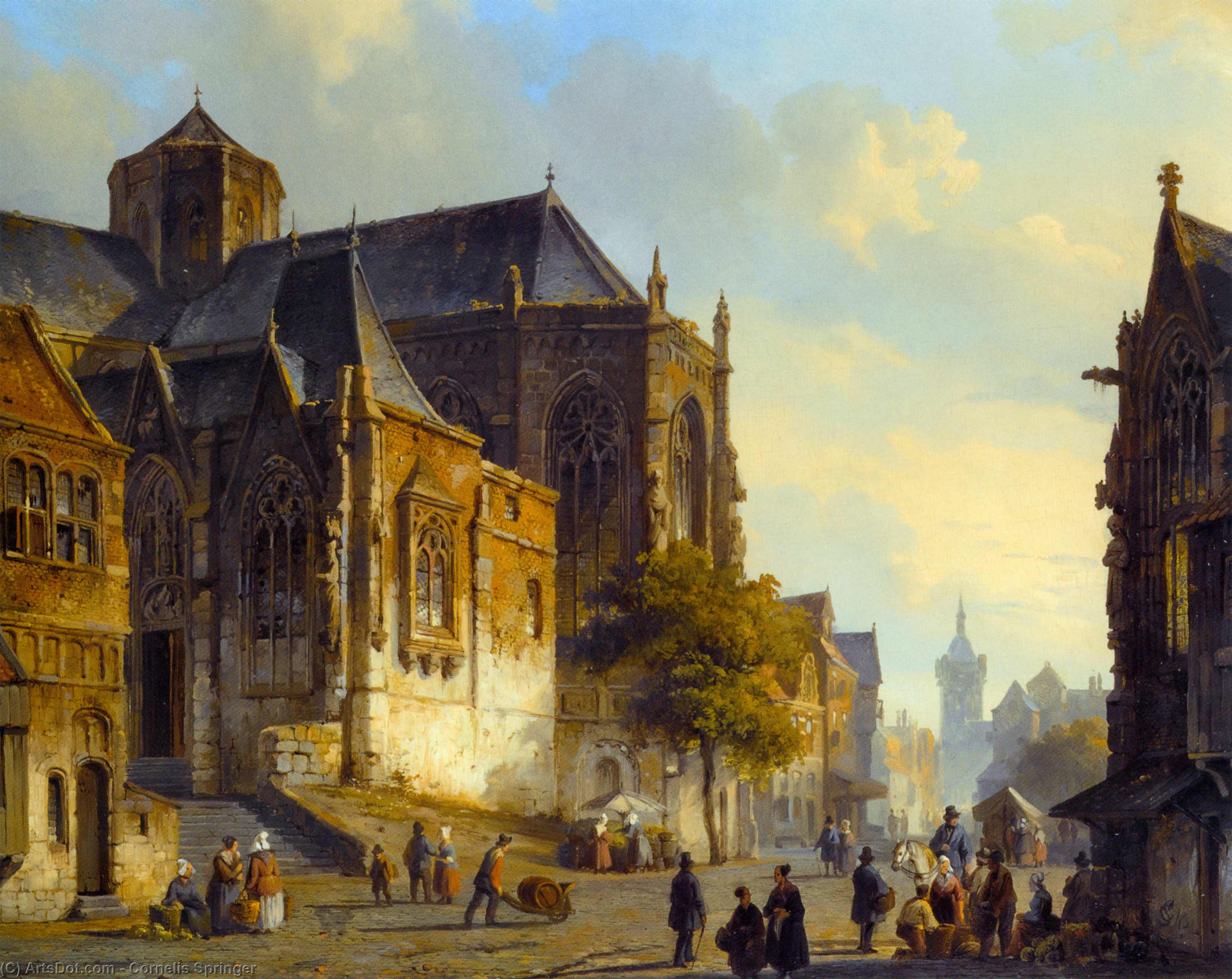 Order Oil Painting Replica Figures on a Market Square in a Dutch Town, 1843 by Cornelis Springer (1817-1891) | ArtsDot.com