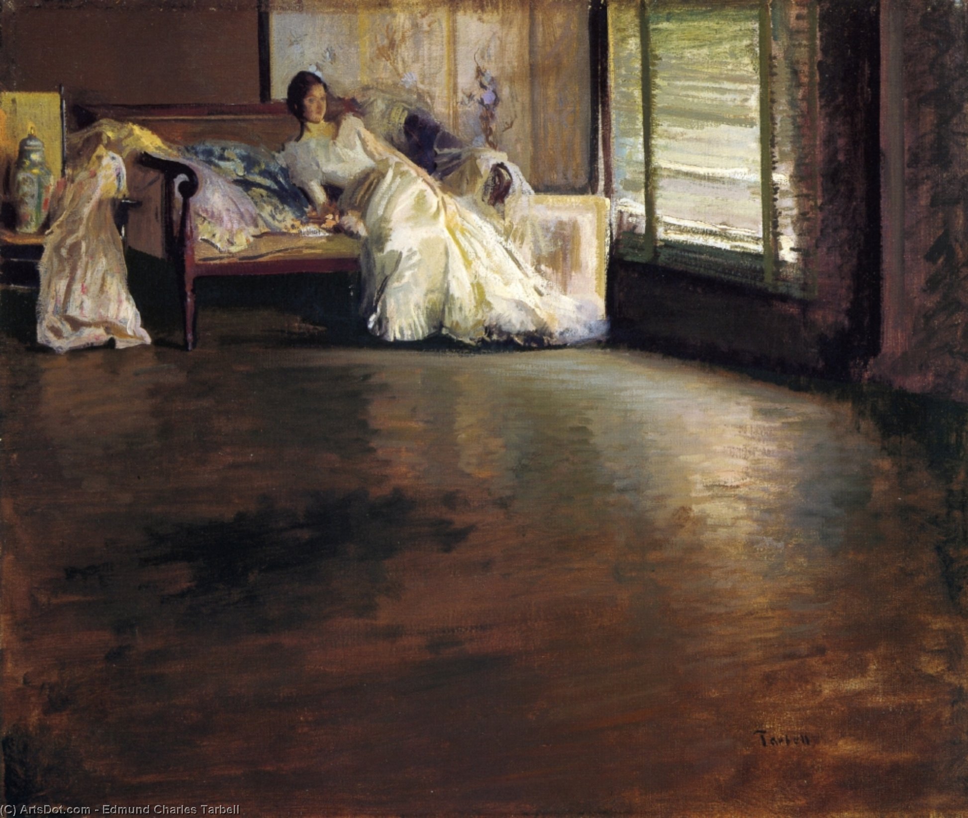 Order Oil Painting Replica Across the Room (aka By the Window or Leisure Hour) by Edmund Charles Tarbell (1862-1938, United States) | ArtsDot.com