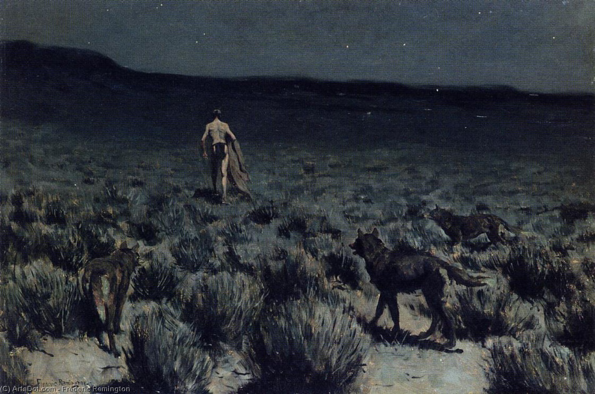Order Oil Painting Replica The Wolves Sniffed Along on the Trail, but Came No Closer by Frederic Remington (1861-1909, United States) | ArtsDot.com