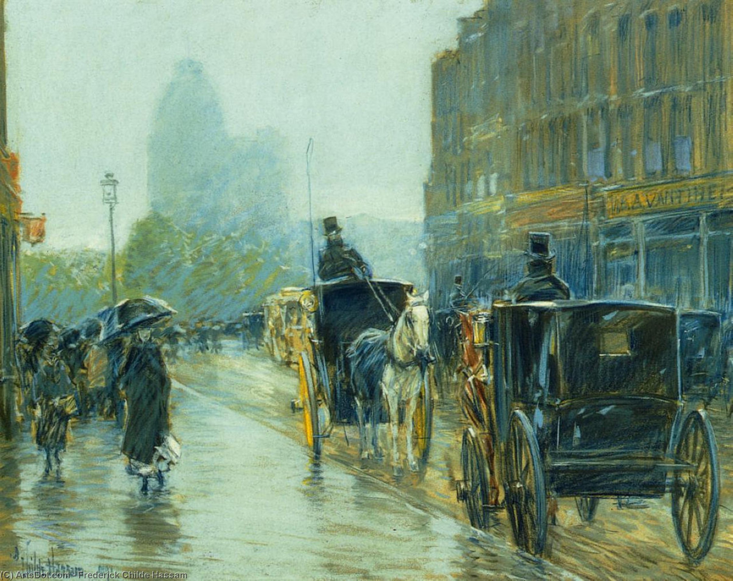 Order Oil Painting Replica Horse-Drawn Cabs at Evening, New York by Frederick Childe Hassam (1859-1935, United States) | ArtsDot.com