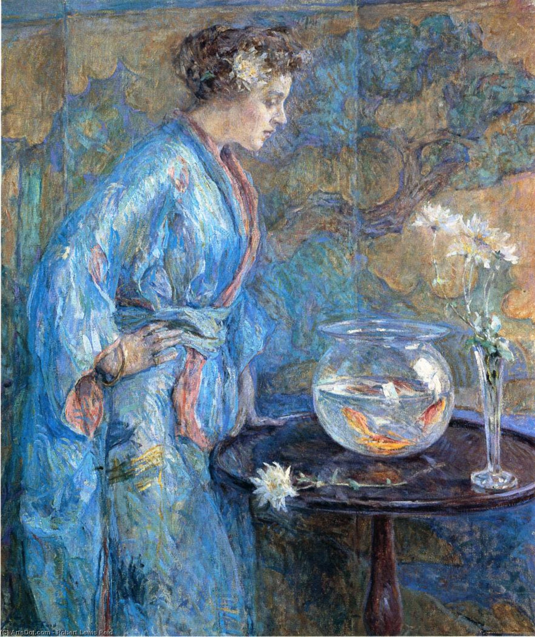 Order Art Reproductions Girl in Blue Kimono, 1911 by Robert Lewis Reid (1862-1929, United States) | ArtsDot.com