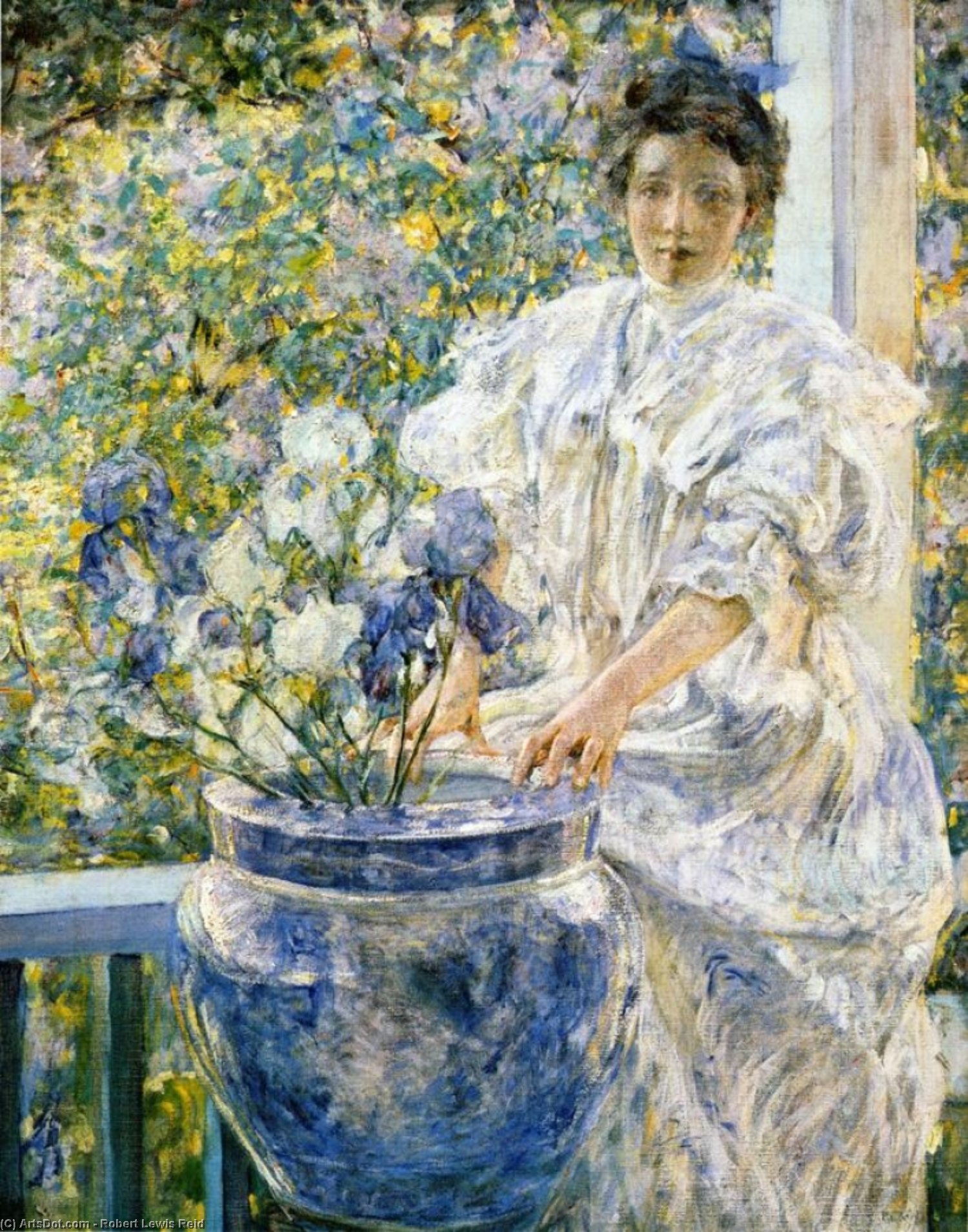 Order Oil Painting Replica Woman on a Porch with Flowers, 1906 by Robert Lewis Reid (1862-1929, United States) | ArtsDot.com
