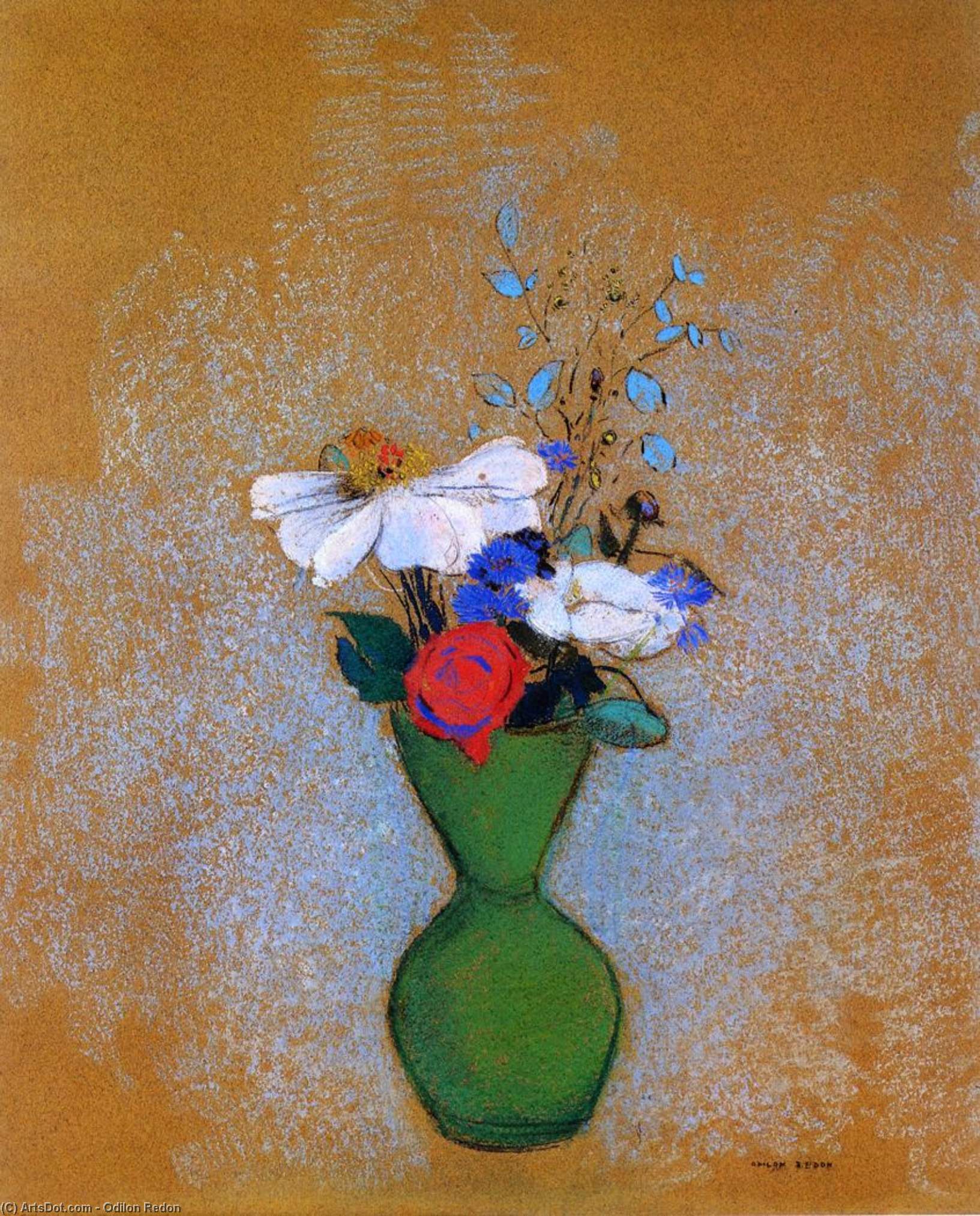 Order Art Reproductions Rose, Peony and Cornflowers in a Green Vase by Odilon Redon (1840-1916, France) | ArtsDot.com