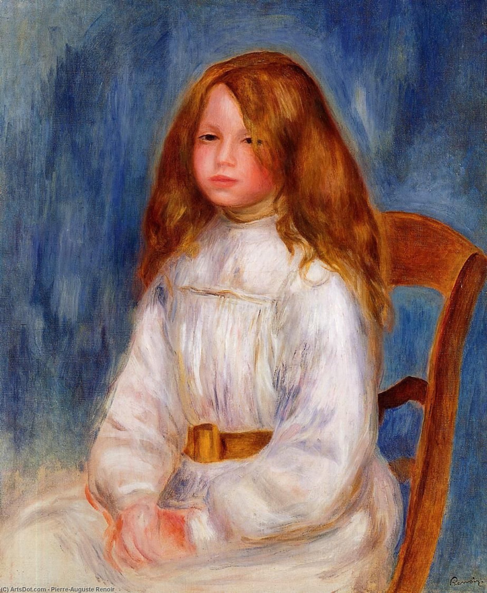 Order Oil Painting Replica Seated Little Girl with a Blue Background, 1890 by Pierre-Auguste Renoir (1841-1919, France) | ArtsDot.com