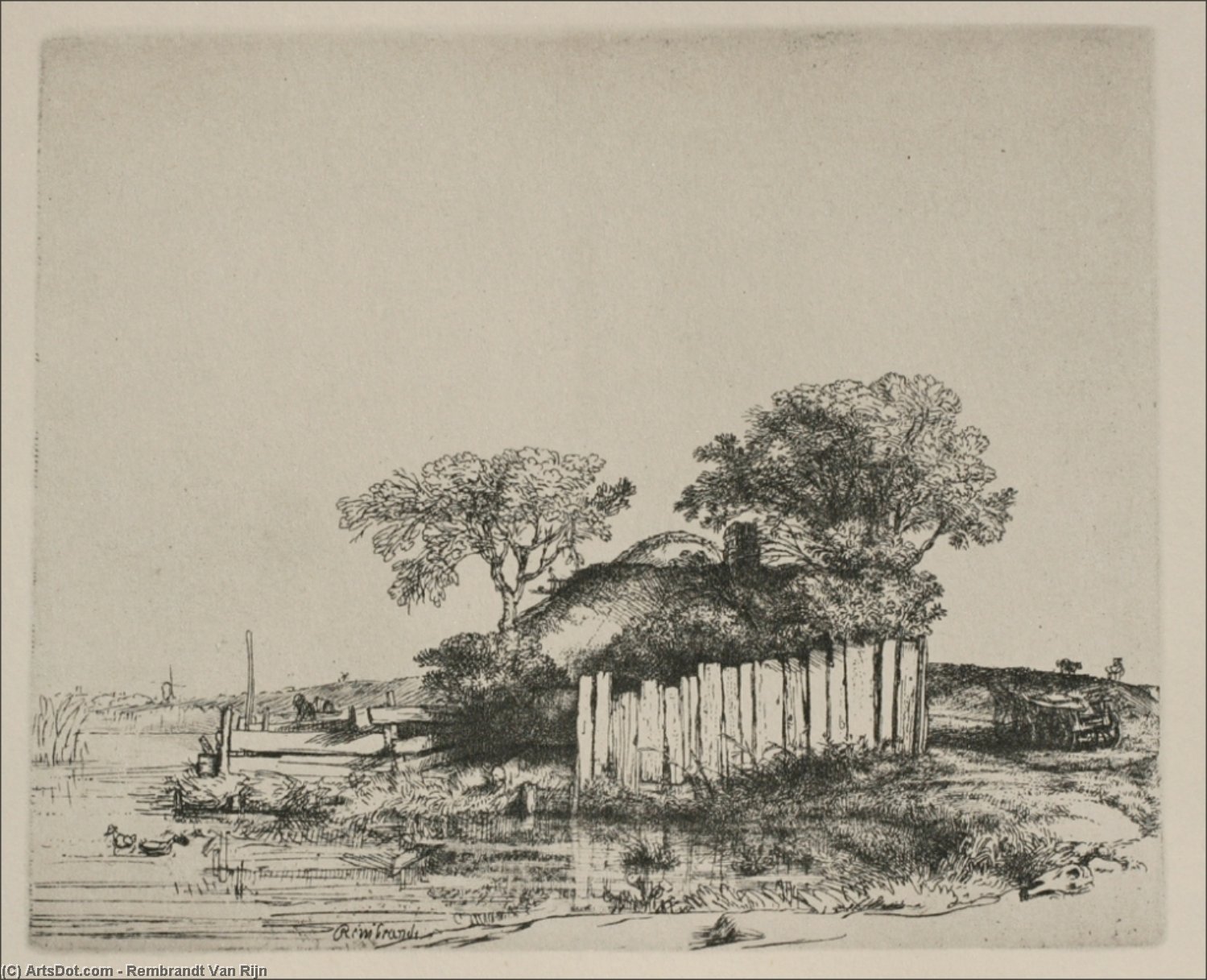 Order Oil Painting Replica A Cottage with White Pales by Rembrandt Van Rijn (1606-1669, Netherlands) | ArtsDot.com