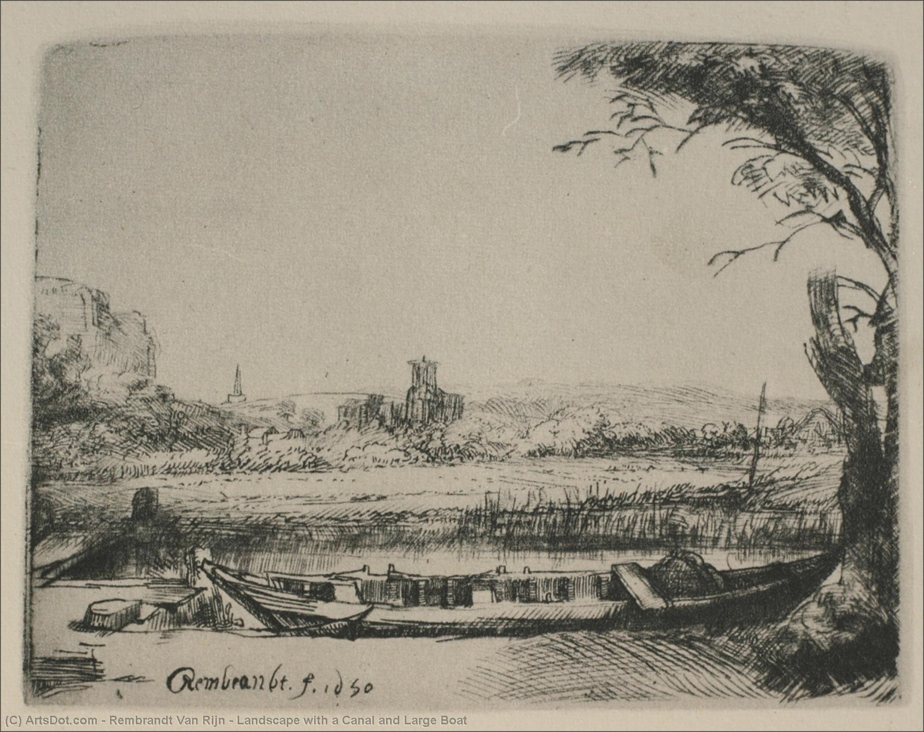 Order Paintings Reproductions Landscape with a Canal and Large Boat by Rembrandt Van Rijn (1606-1669, Netherlands) | ArtsDot.com
