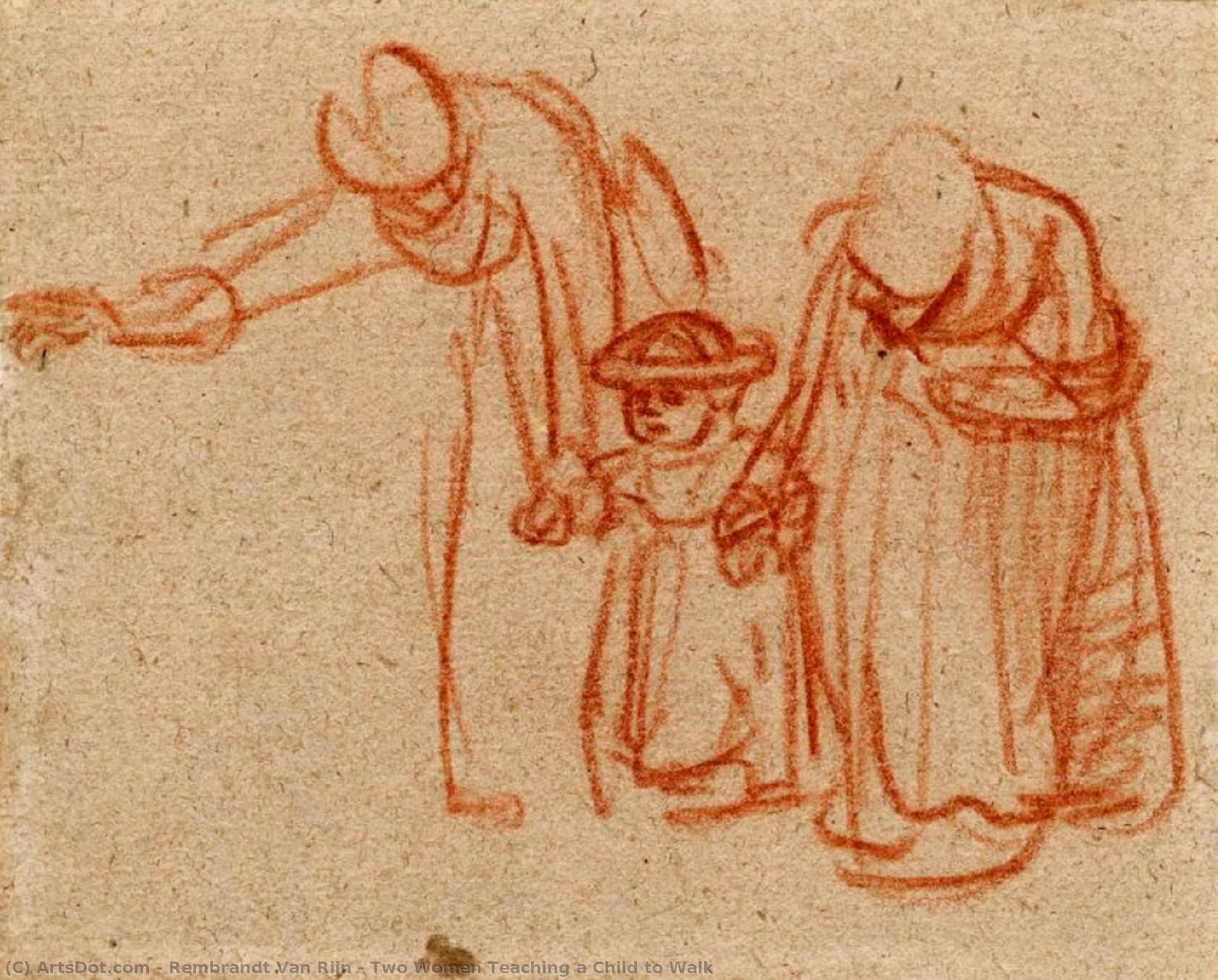 Achat Reproductions D'art Deux femmes enseignant un enfant à marcher, 1640 de Rembrandt Van Rijn (1606-1669, Netherlands) | ArtsDot.com