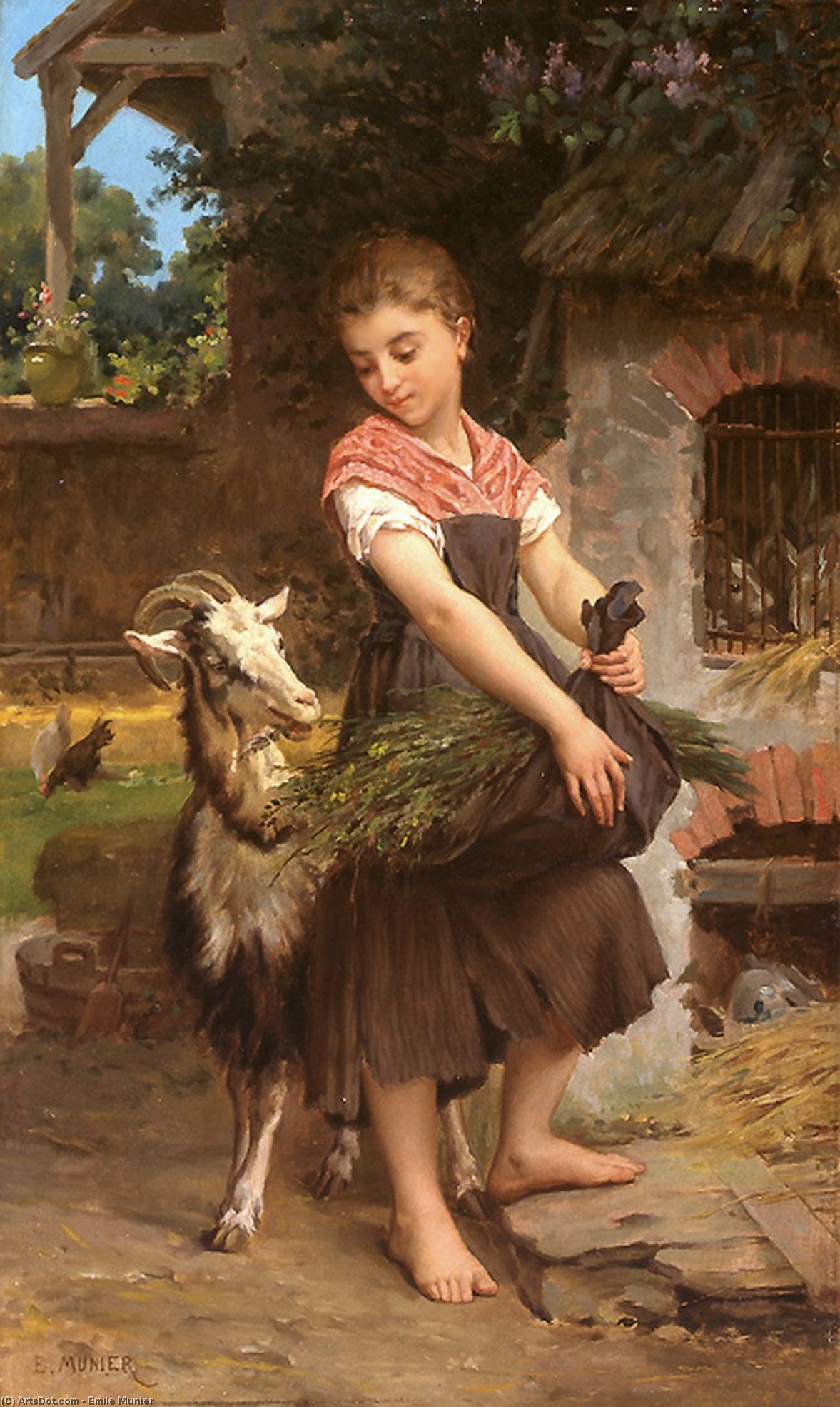 Order Oil Painting Replica Farm Girl with her Pet Billy Goat by Emile Munier (1840-1895, France) | ArtsDot.com