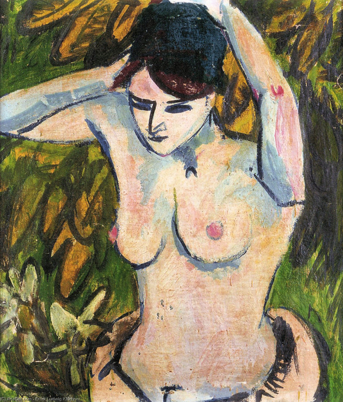 Buy Museum Art Reproductions Half naked figure with arms raised by Ernst Ludwig Kirchner (1880-1938, Germany) | ArtsDot.com