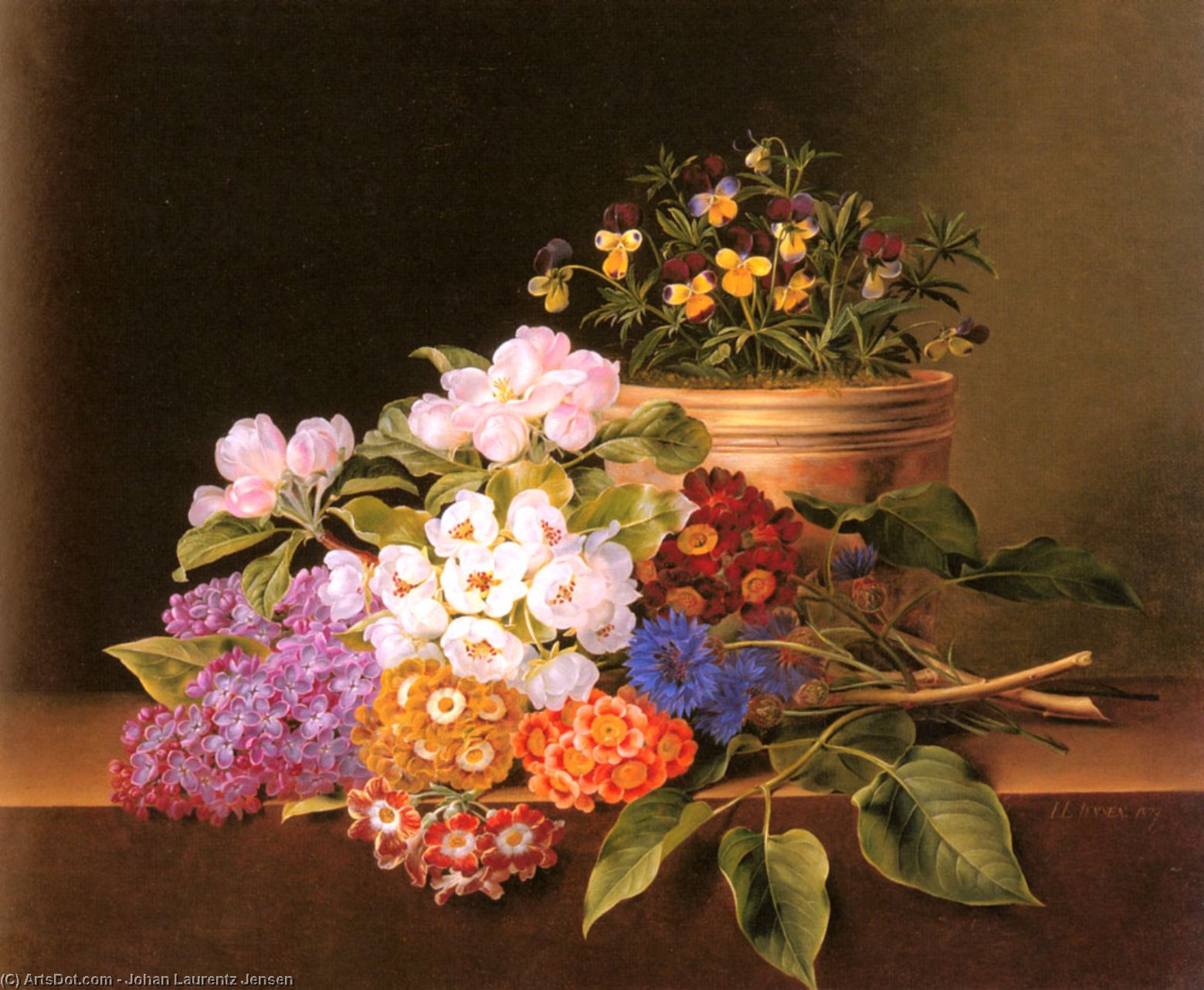 Buy Museum Art Reproductions Apple Blossoms, Lilac, Violas, Cornflowers and Primroses on a Ledge by Johan Laurentz Jensen (1800-1856, Denmark) | ArtsDot.com