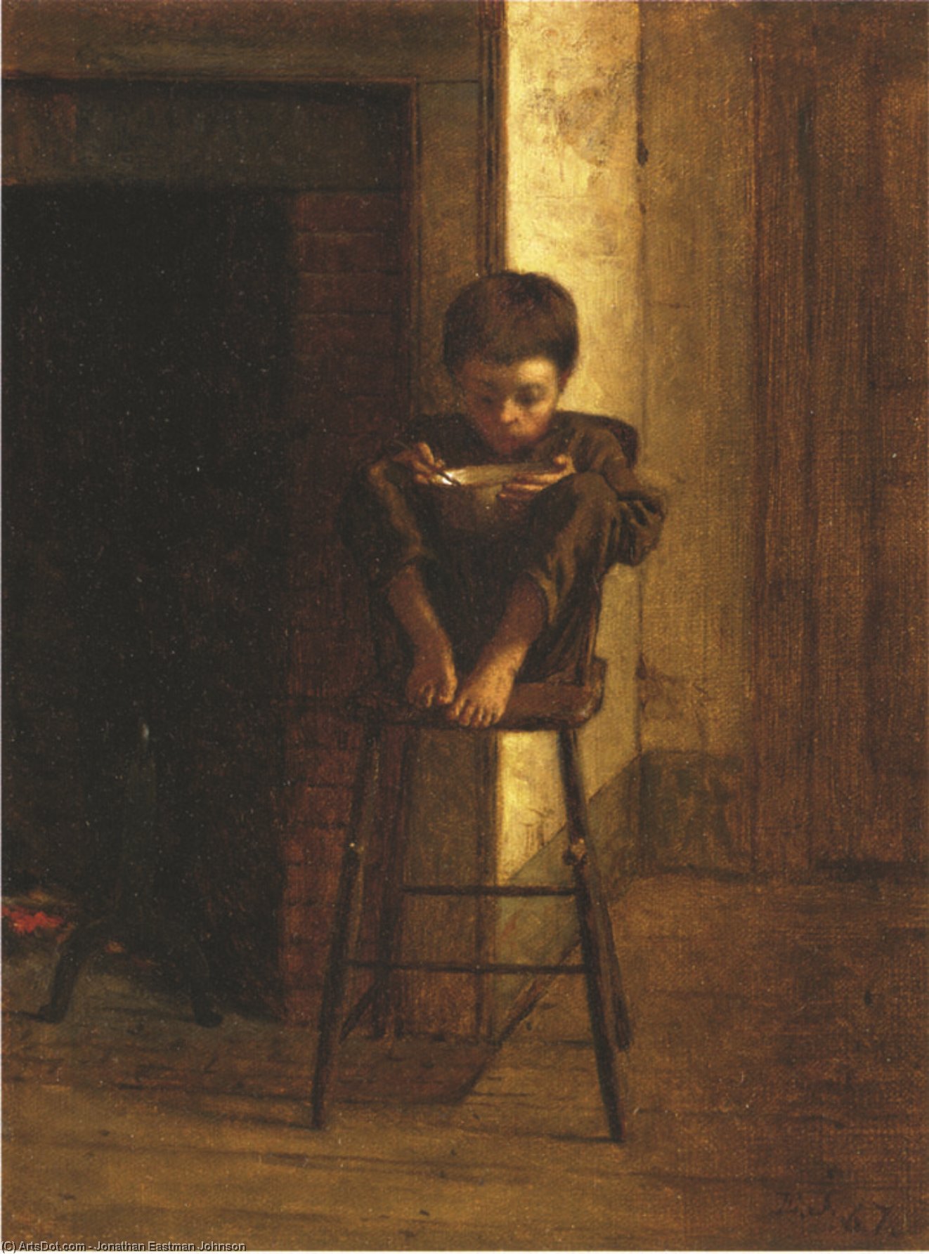 Order Oil Painting Replica Little Girl with Red Jacket Drinking from Mug by Jonathan Eastman Johnson (1824-1906, United Kingdom) | ArtsDot.com