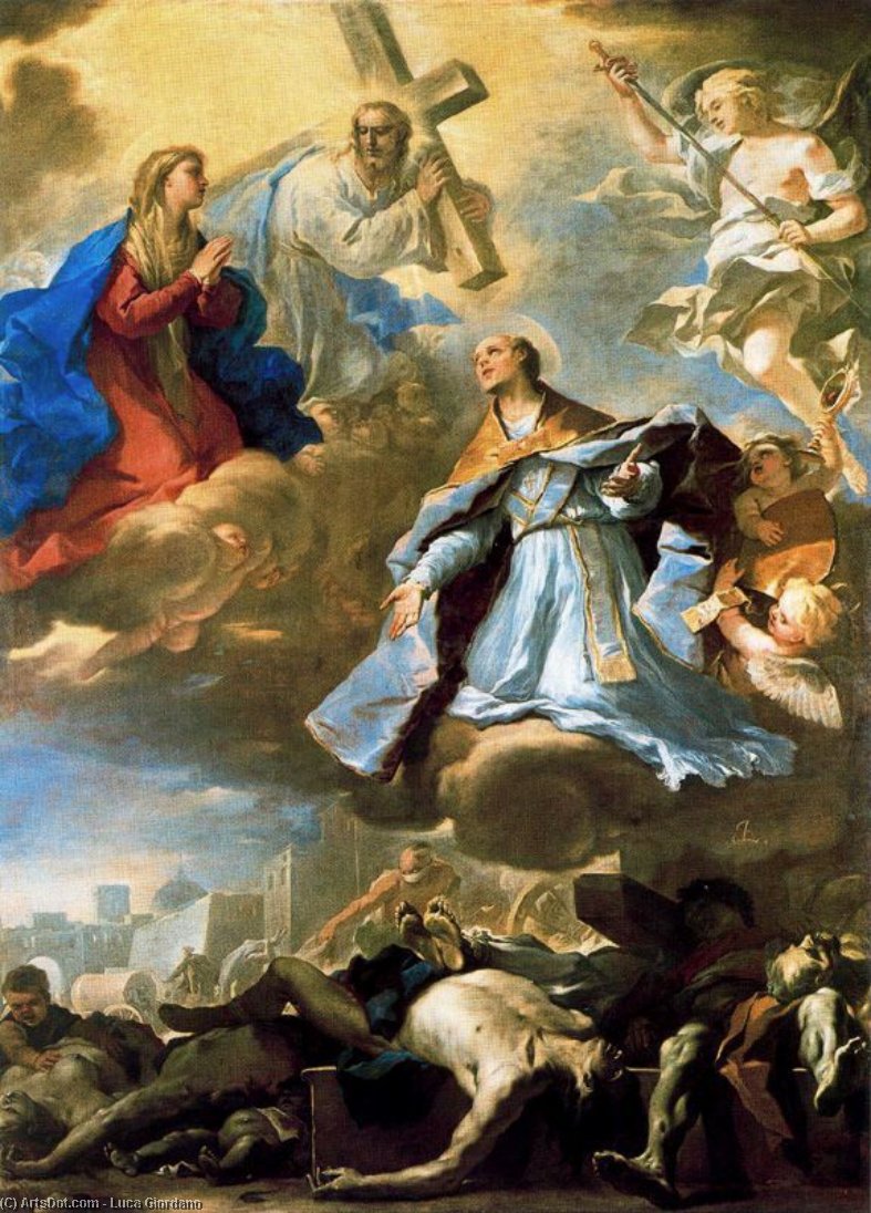 Order Oil Painting Replica San Gennaro intercedes with the Virgin, Christ and God the Father of the plague of 1656 by Luca Giordano (1634-1705, Italy) | ArtsDot.com