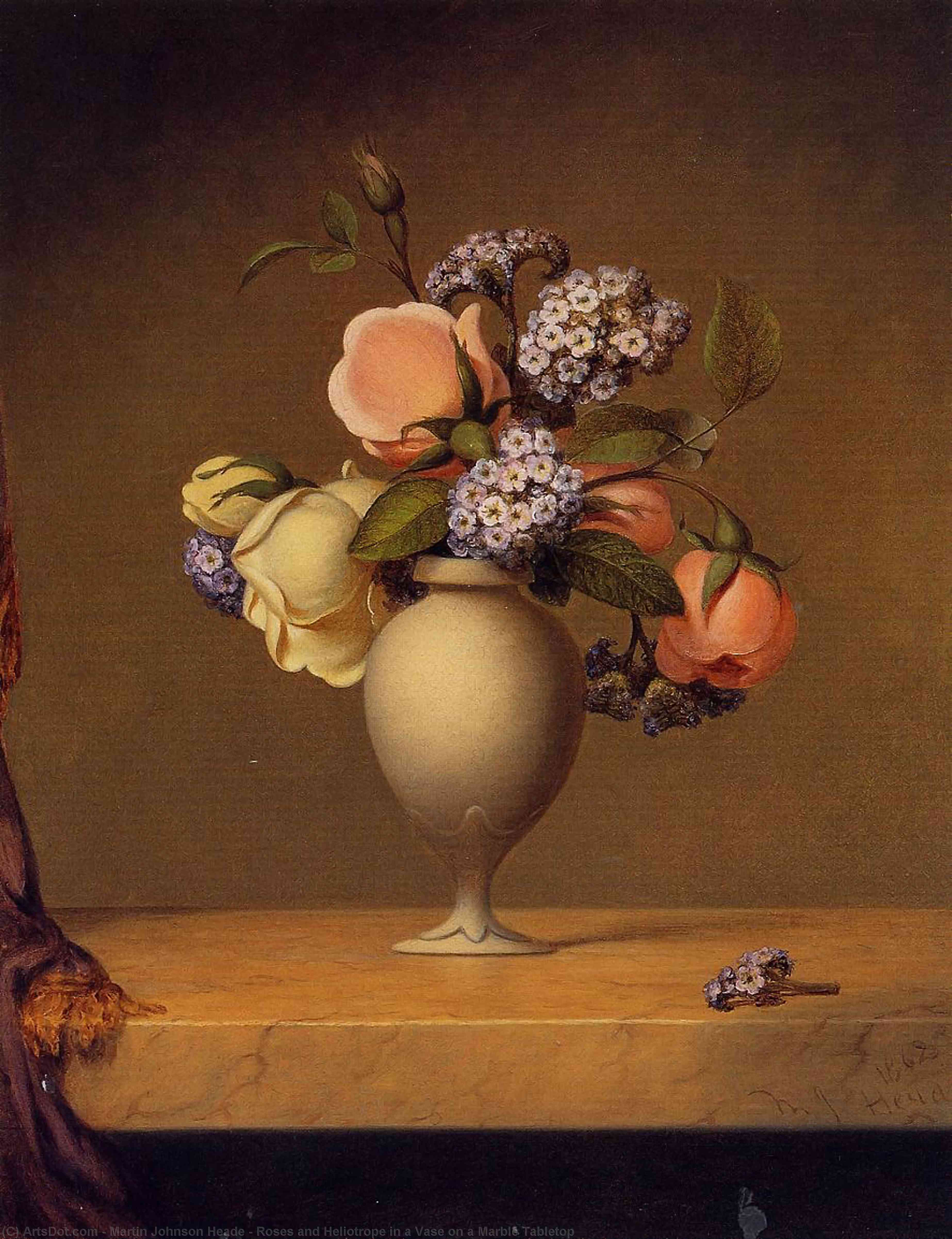 Order Paintings Reproductions Roses and Heliotrope in a Vase on a Marble Tabletop, 1862 by Martin Johnson Heade (1819-1904, United States) | ArtsDot.com
