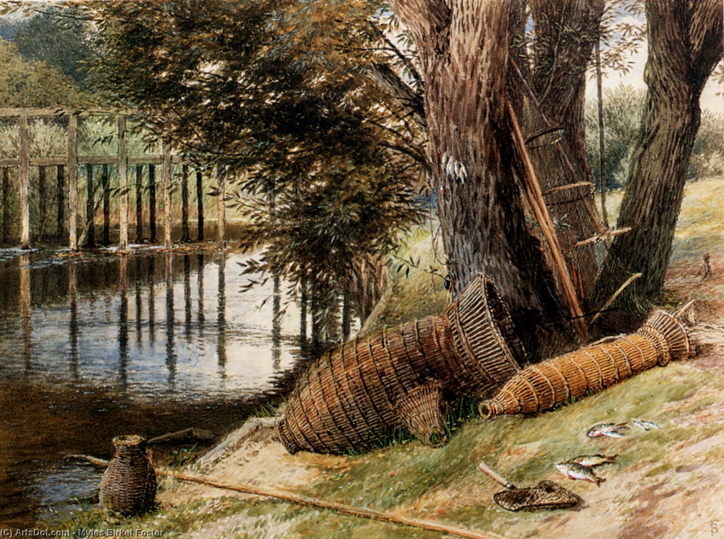 Order Oil Painting Replica Eel Pots, On The Banks Of A River by Myles Birket Foster (1825-1899, United Kingdom) | ArtsDot.com