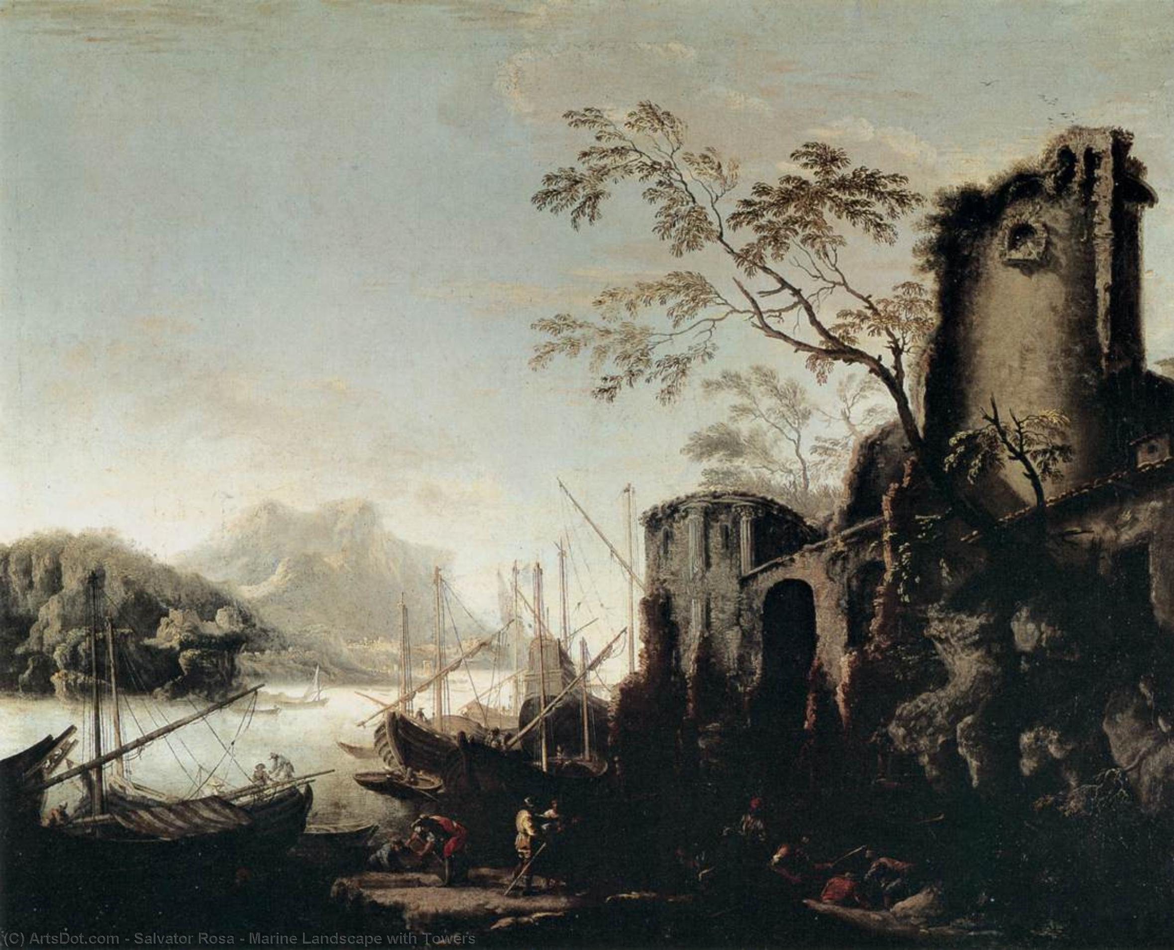 Order Oil Painting Replica Marine Landscape with Towers by Salvator Rosa (1615-1673, Italy) | ArtsDot.com