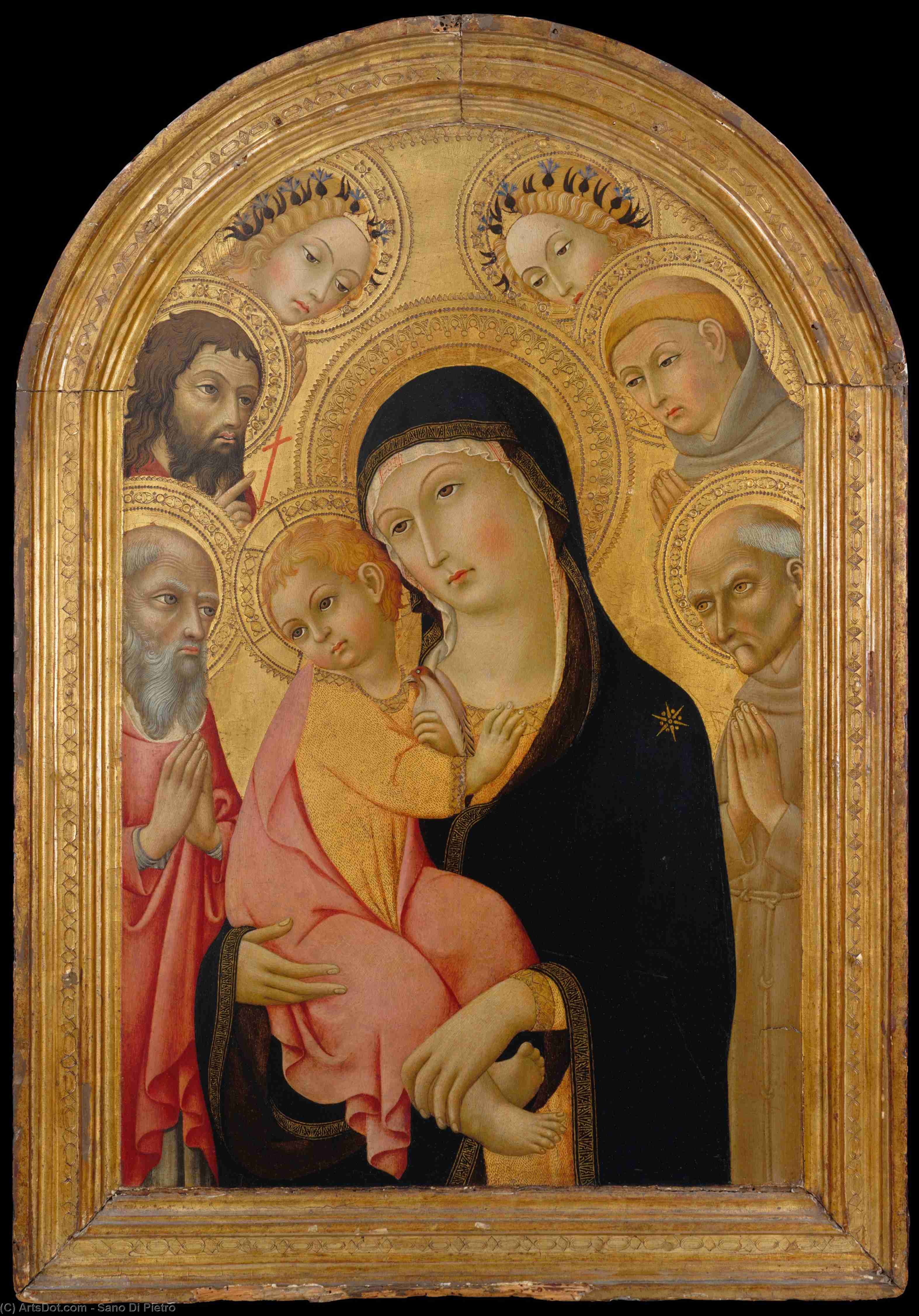 Order Oil Painting Replica Madonna and Child with Saints Jerome, Bernardino, John the Baptist, and Anthony of Padua and Two Angels by Sano Di Pietro (1406-1481, Italy) | ArtsDot.com