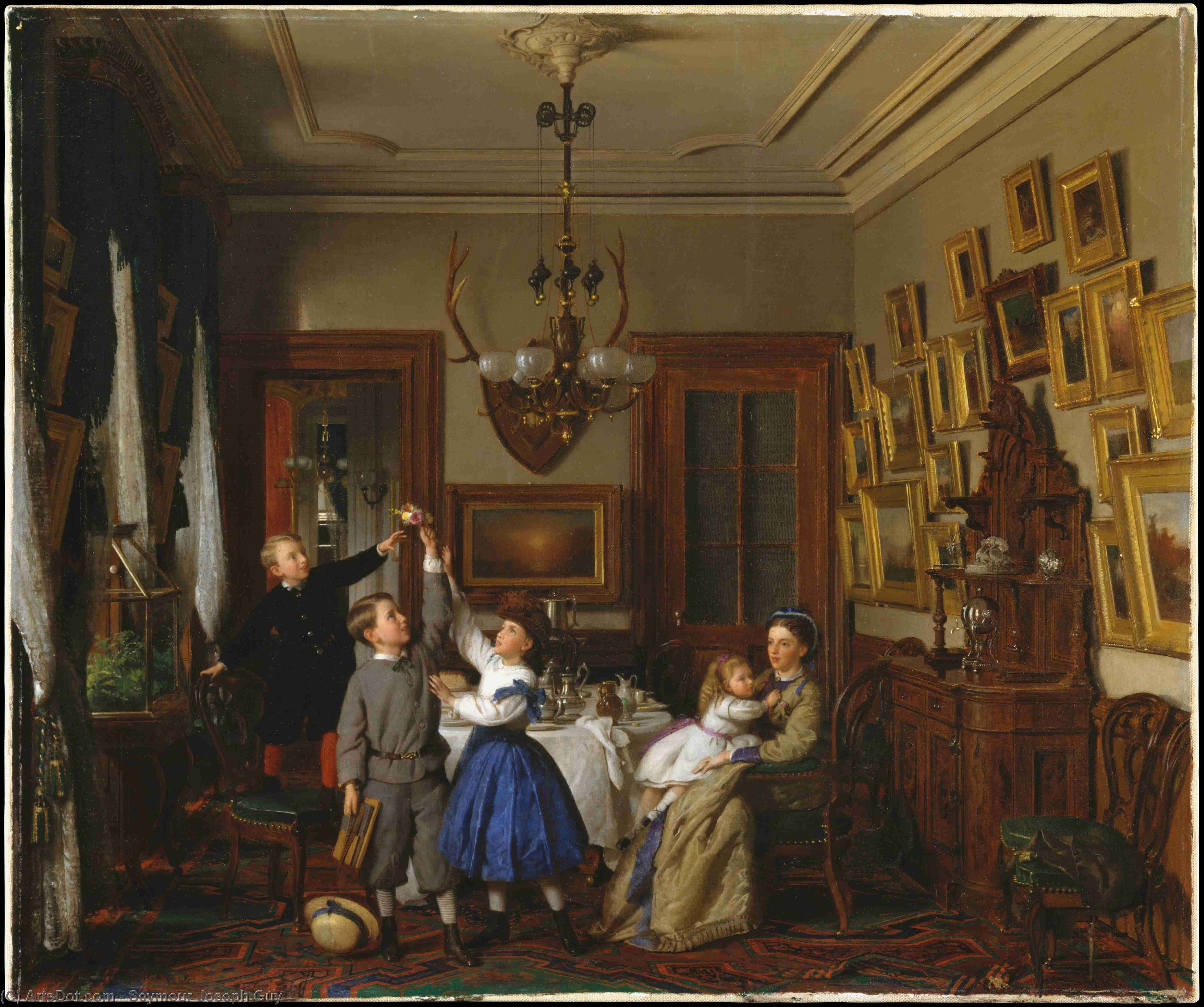 Order Paintings Reproductions The Contest for the Bouquet. The Family of Robert Gordon in Their New York Dining-Room by Seymour Joseph Guy (1824-1910, United Kingdom) | ArtsDot.com