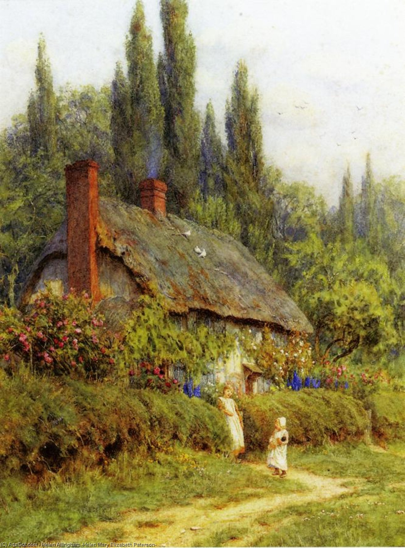 Order Artwork Replica Children on a Path outside a Thatched Cotate, West Horsley, Surrey by Helen Allingham (Helen Mary Elizabeth Paterson) (1848-1926, United Kingdom) | ArtsDot.com