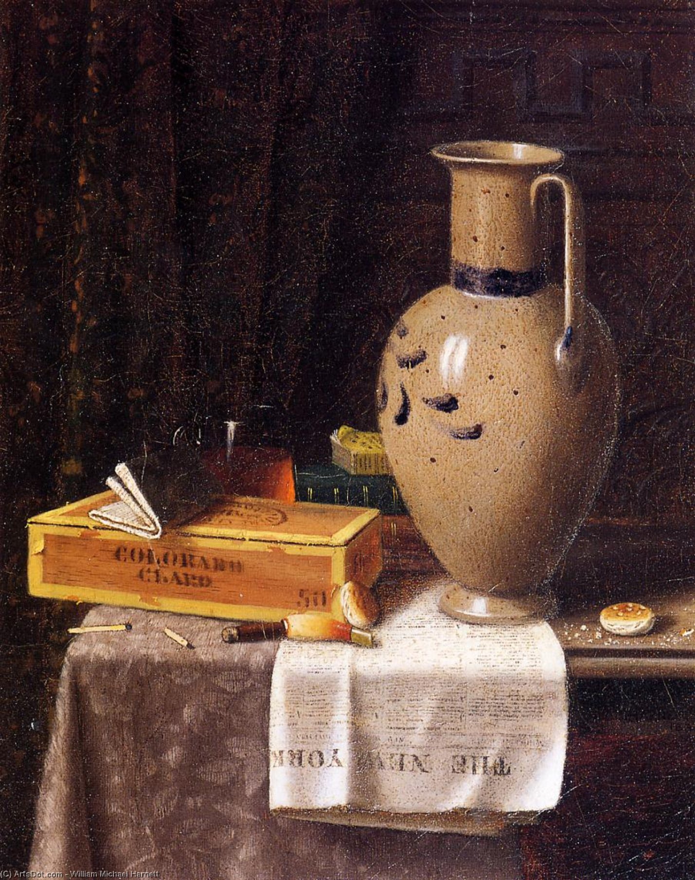 Order Oil Painting Replica Cigar Box, Pitcher and `New York World`, 1880 by William Michael Harnett (1848-1892, Ireland) | ArtsDot.com