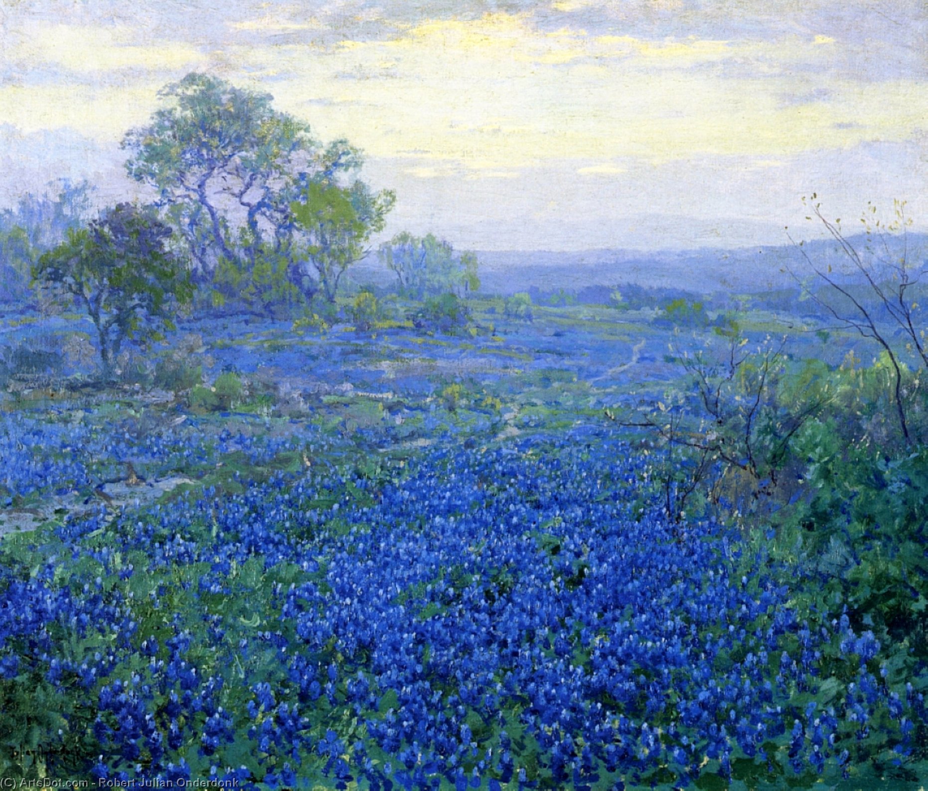 Order Paintings Reproductions A Cloudy Day, Bluebonnets near San Antonio, Texas, 1918 by Robert Julian Onderdonk (1880-1922, United States) | ArtsDot.com