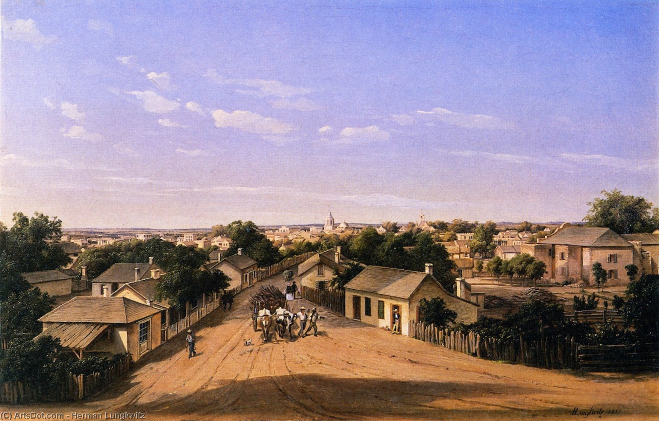 Buy Museum Art Reproductions Crockett Street Looking West, San Antonio de Bexar, 1857 by Herman Lungkwitz (1813-1891, Germany) | ArtsDot.com