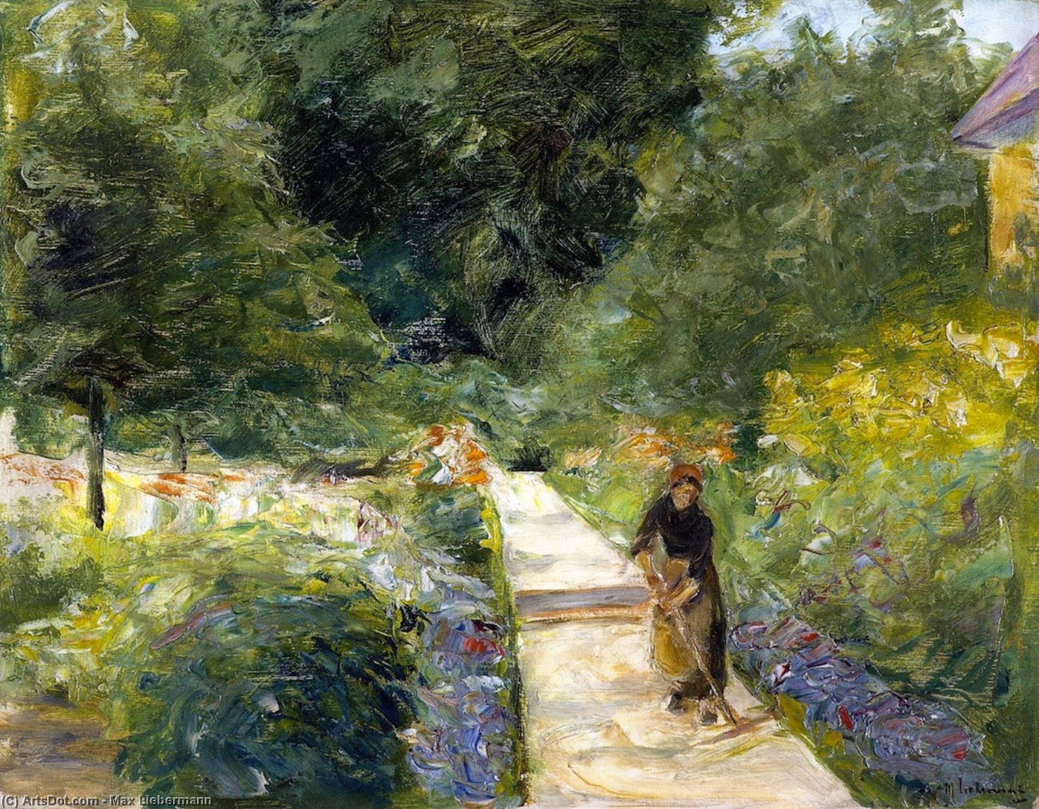Order Art Reproductions The Cutting Garden in Wannsee toward the West, with a Woman Gardener on the Path, 1924 by Max Liebermann (1847-1935, Germany) | ArtsDot.com