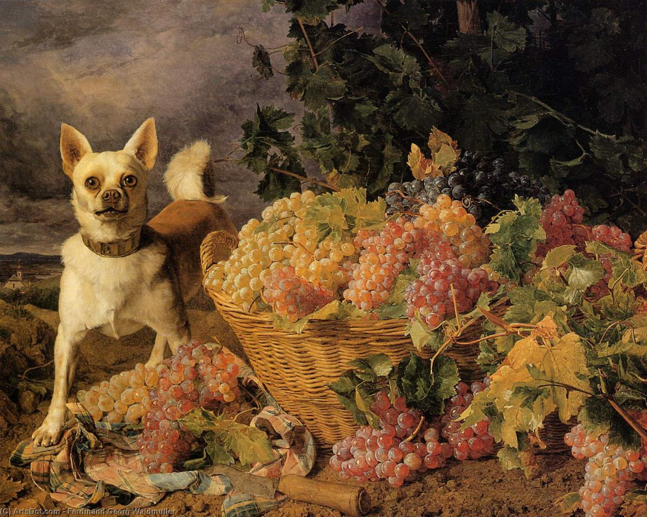 Buy Museum Art Reproductions A Dog by a Basket of Grapes in a Landscape, 1836 by Ferdinand Georg Waldmuller (1793-1865, Austria) | ArtsDot.com