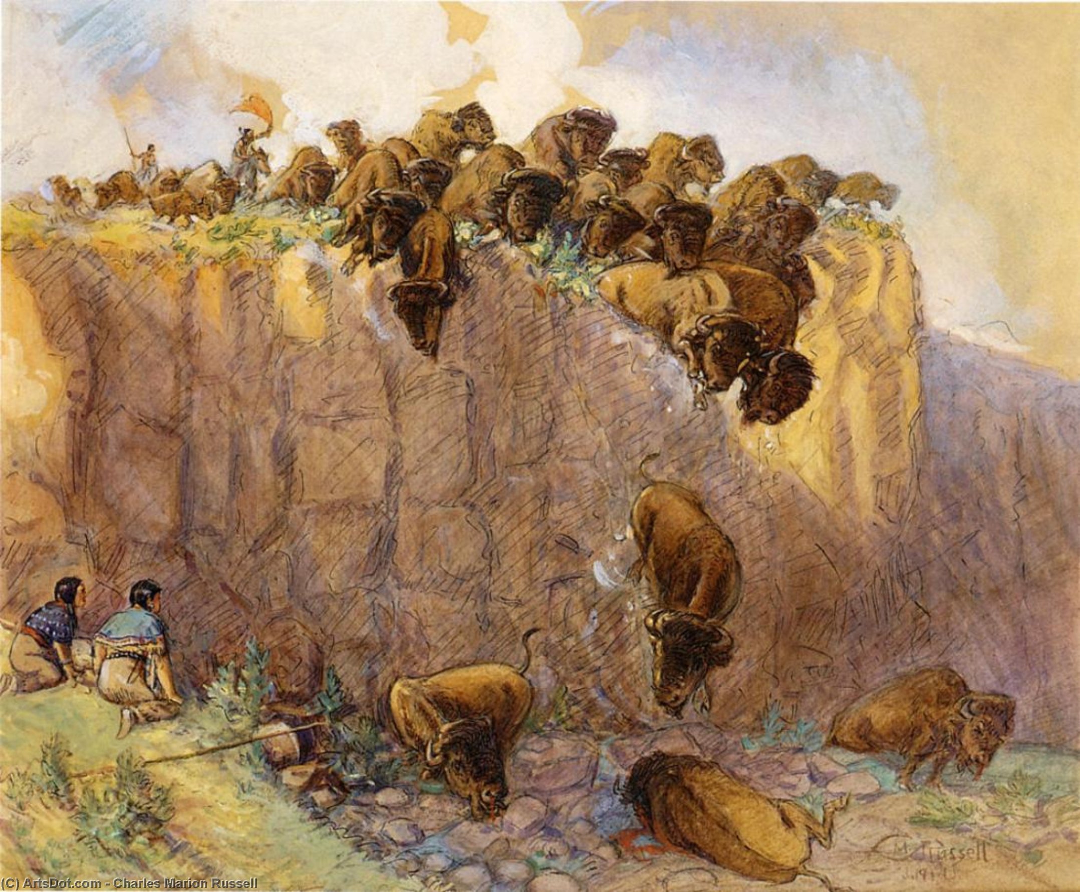 Order Artwork Replica Driving Buffalo Over the Cliff, 1914 by Charles Marion Russell (1864-1926, United States) | ArtsDot.com