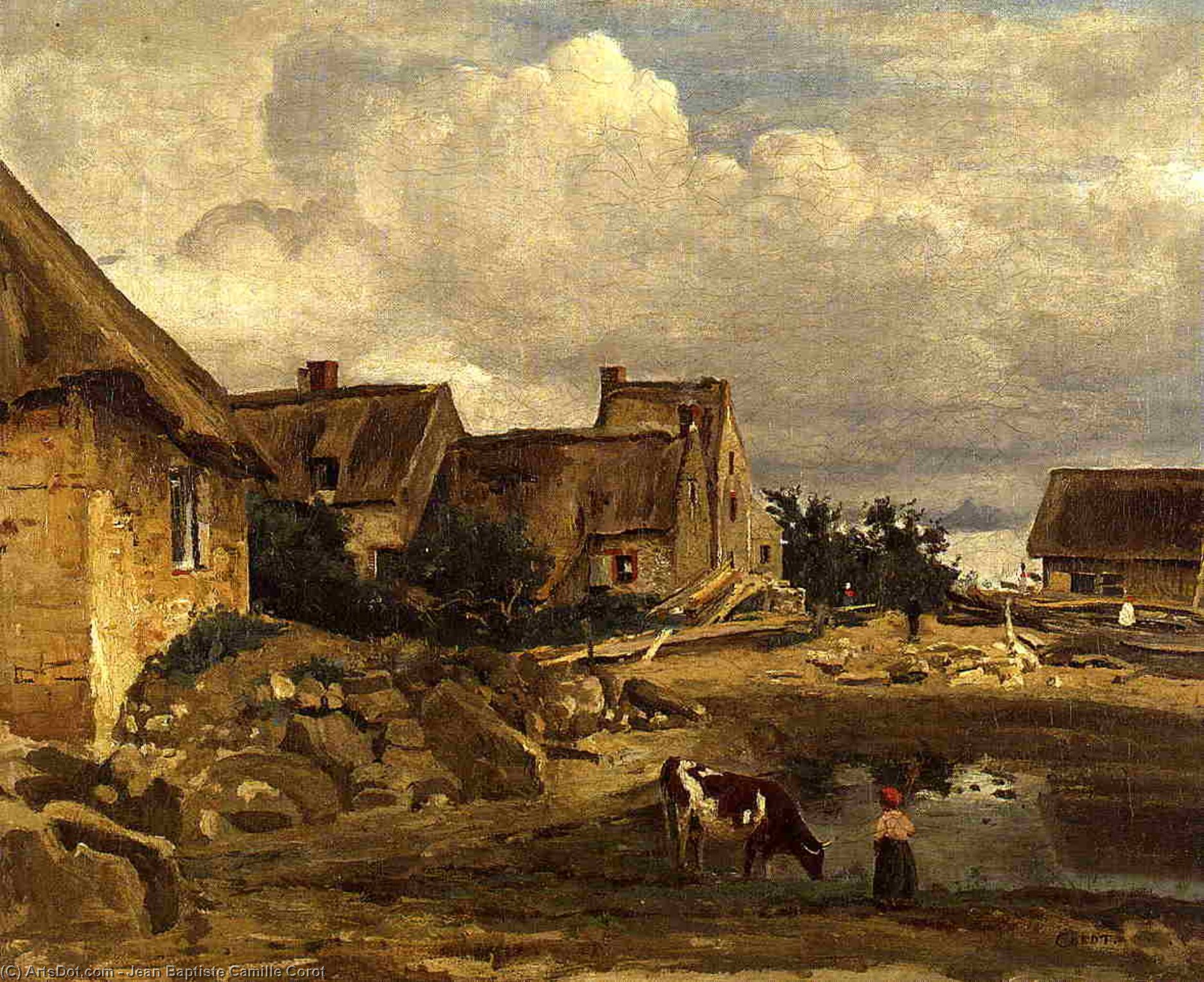 Order Oil Painting Replica A Farmyard near Fontainebleau, 1828 by Jean Baptiste Camille Corot (1796-1875, France) | ArtsDot.com