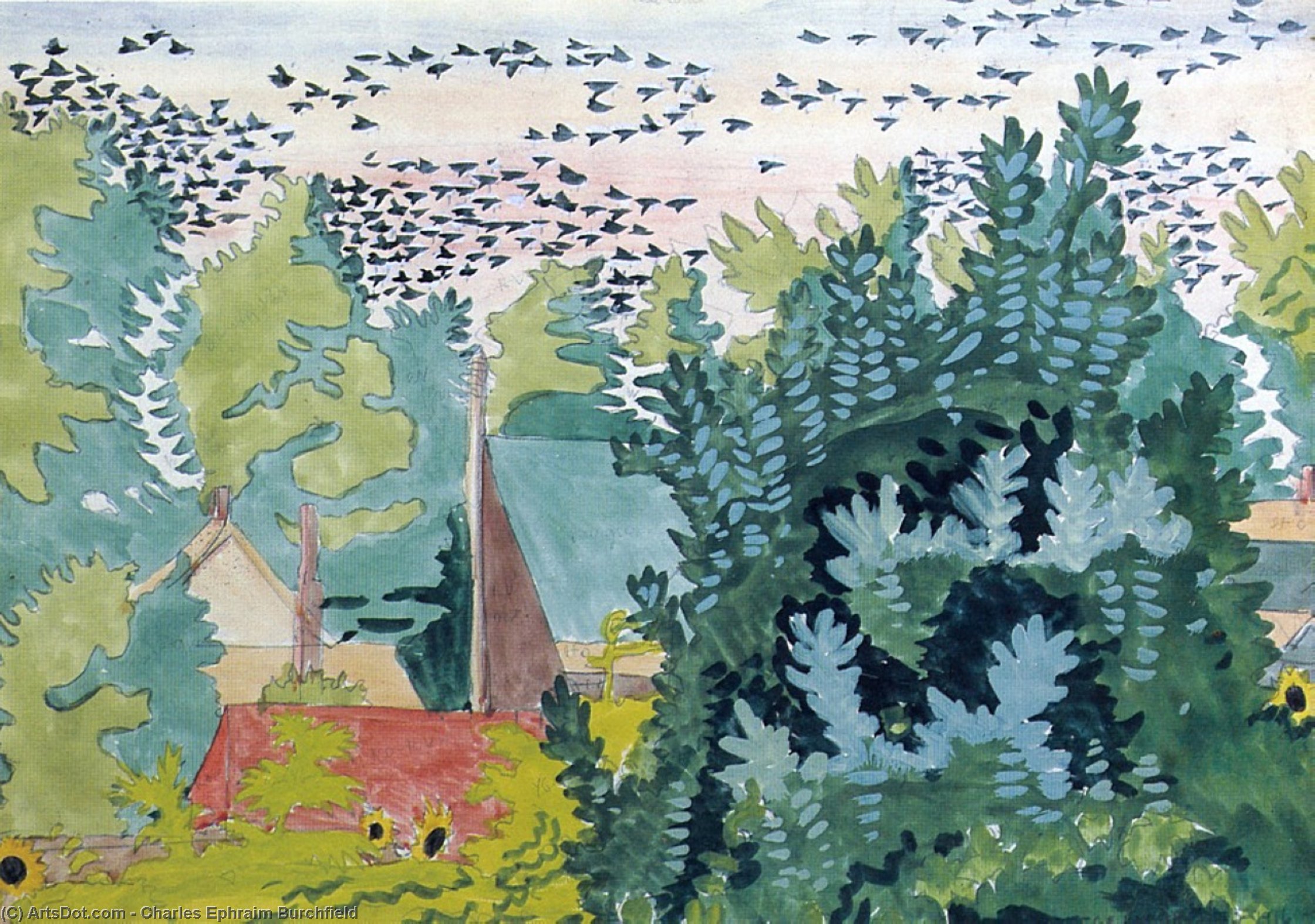 Buy Museum Art Reproductions Flight of Blackbirds at Dawn, 1916 by Charles Ephraim Burchfield (Inspired By) (1893-1967, United States) | ArtsDot.com