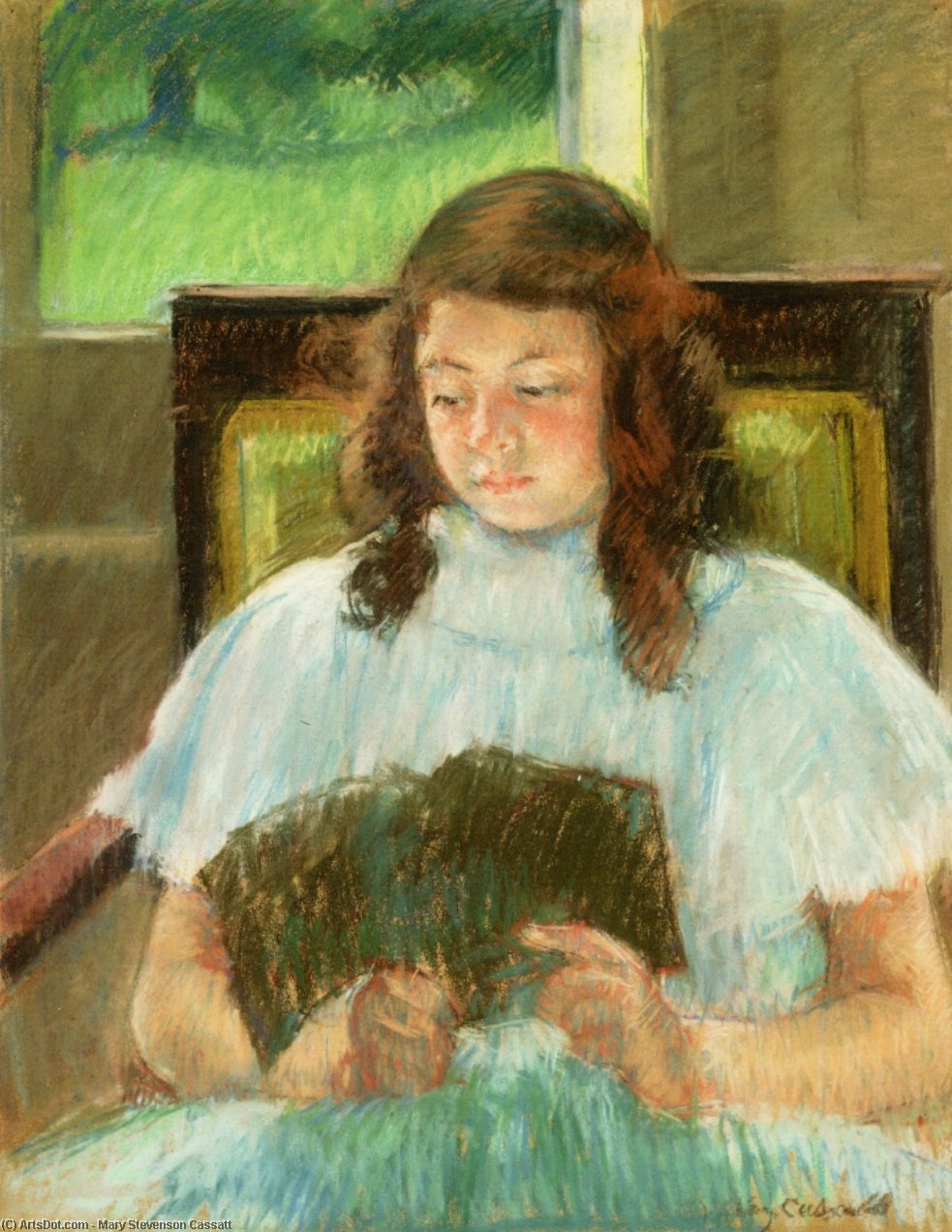 Order Oil Painting Replica Françoise in a Square-Backed Chair, Reading (also known as Young Girl Reading, Young Girl in a Blue Dress), 1908 by Mary Stevenson Cassatt (1843-1926, United States) | ArtsDot.com