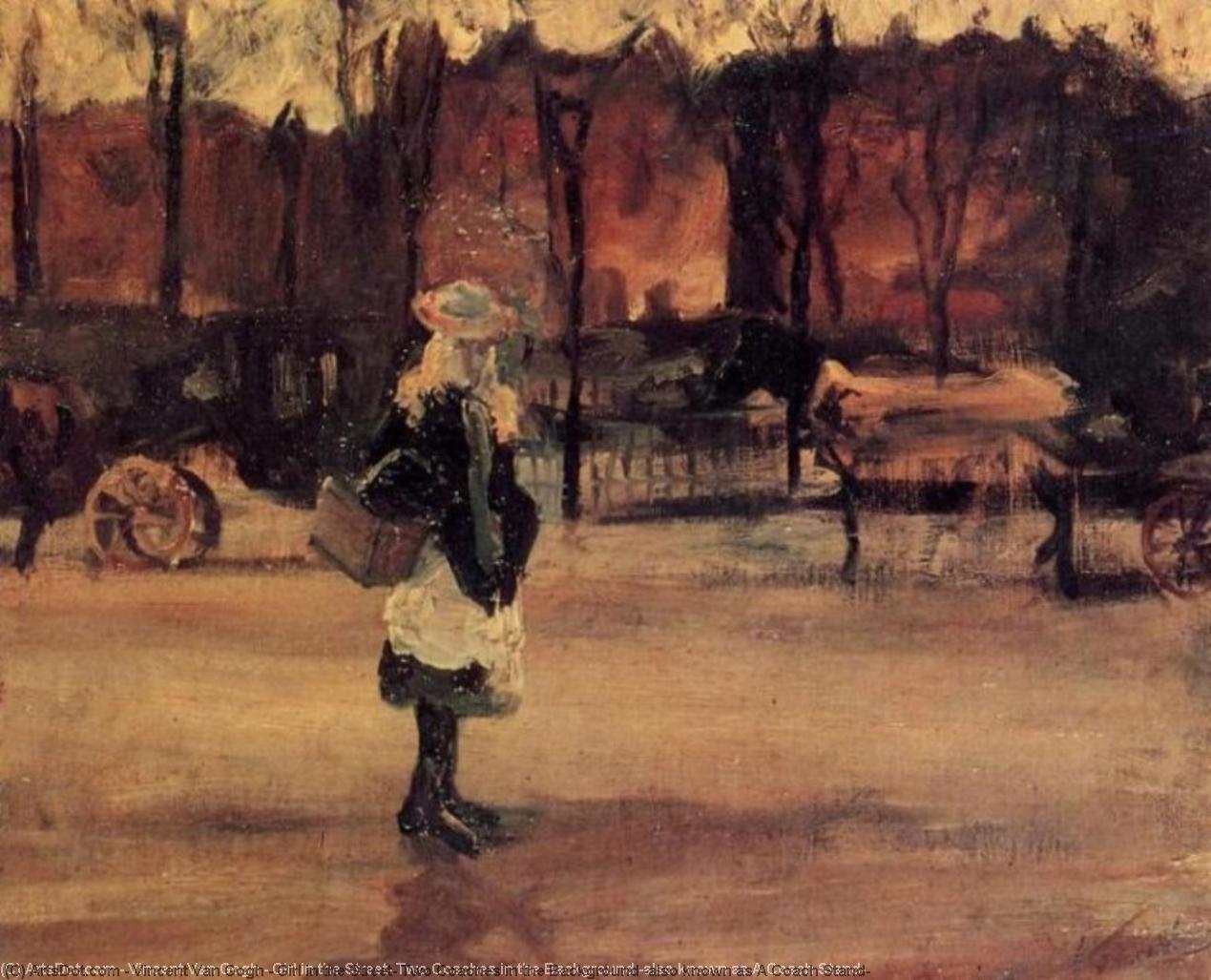 Order Art Reproductions Girl in the Street, Two Coaches in the Background (also known as A Coach Stand), 1882 by Vincent Van Gogh (1853-1890, Netherlands) | ArtsDot.com