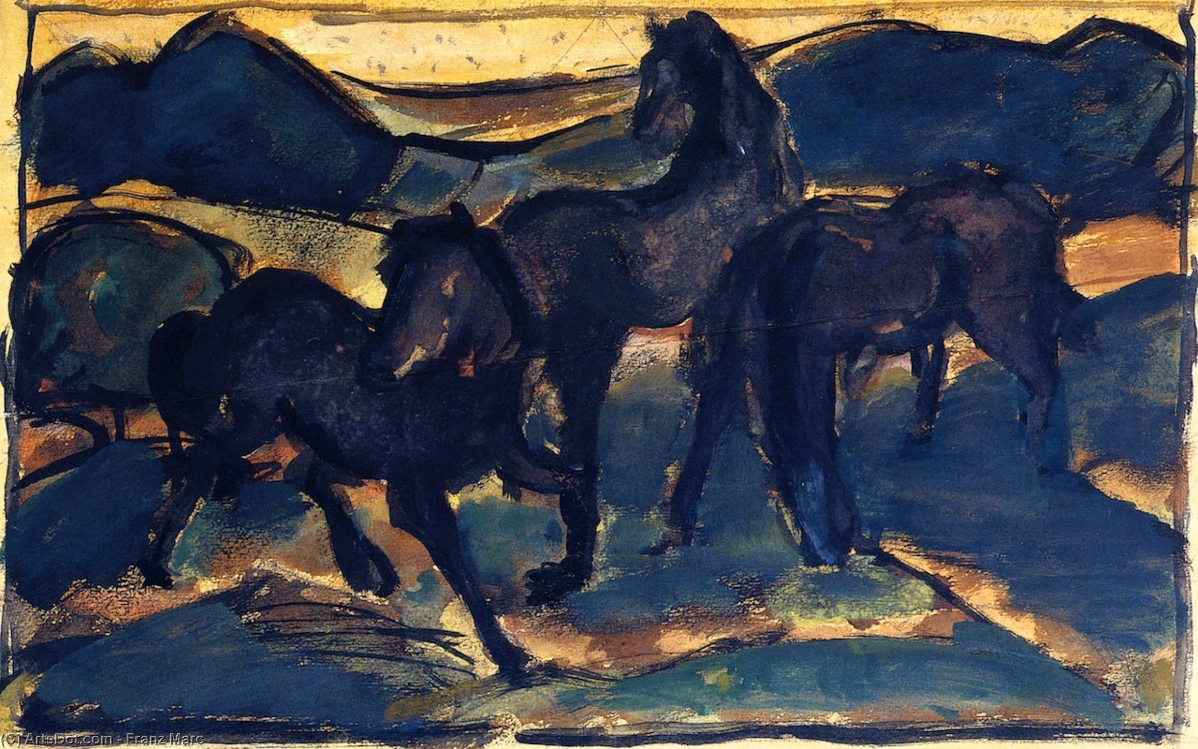Buy Museum Art Reproductions Horses at Pasture I, 1910 by Franz Marc (1880-1916, Germany) | ArtsDot.com