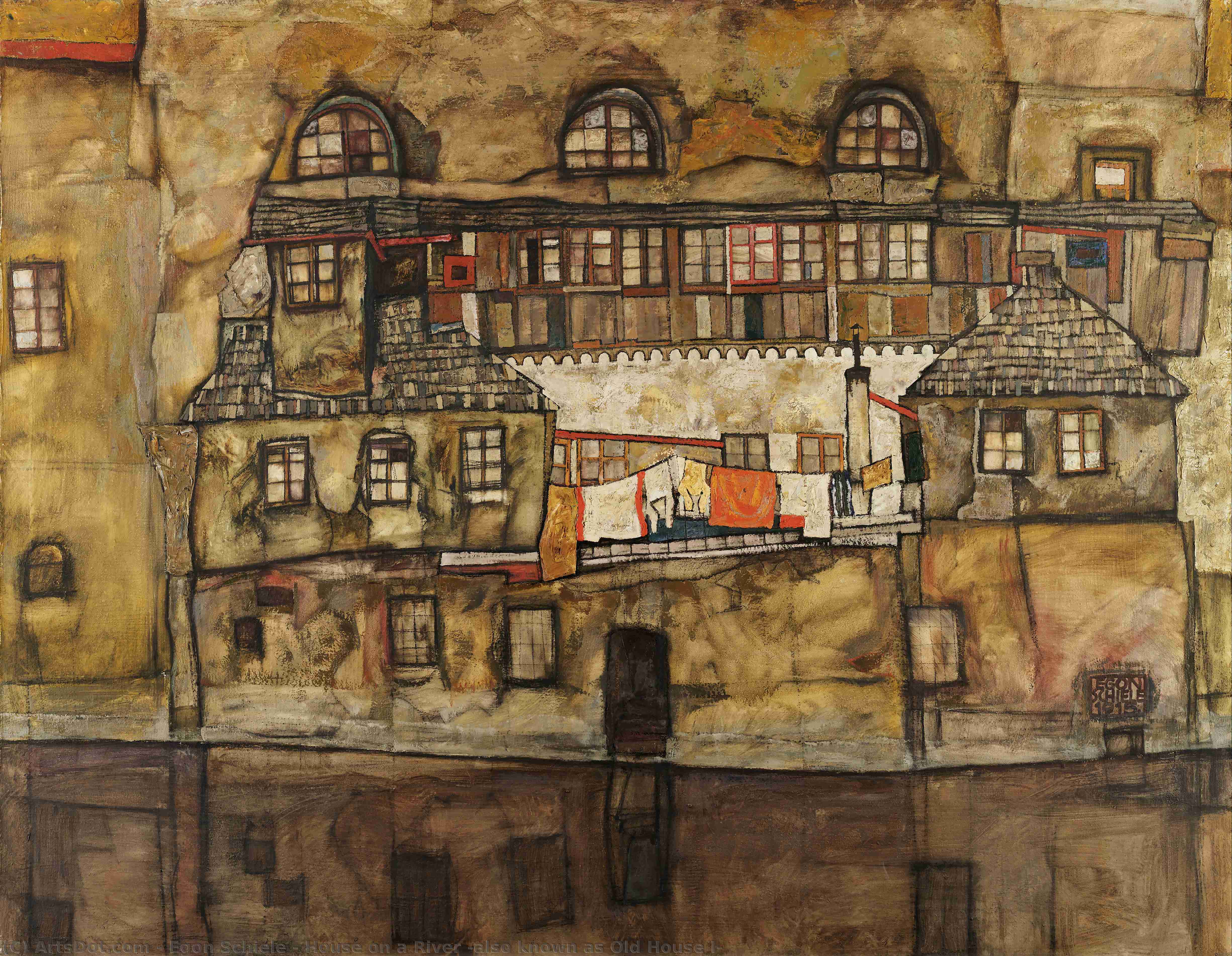 順序 手描き油絵 川の上にある家(旧家Iとも呼ばれる), 1915 バイ Egon Schiele (1890-1918, Croatia) | ArtsDot.com